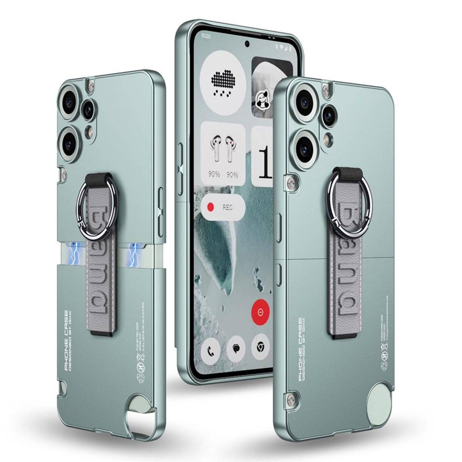 Drei mintgrüne Handyhüllen von vorne und hinzu angezeigt, jeweils mit Ringgriff und Riemen, um das Hüllendesign und die Passform anhand eines Smartphones zu demonstrieren.