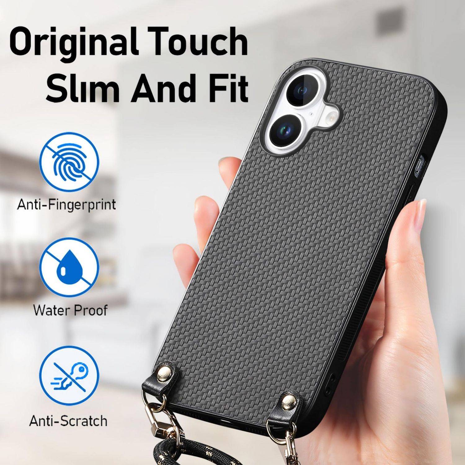Schwarze strukturierte Handyhülle in einer Hand gehalten, beschriftet mit „Original Touch Slim And Fit