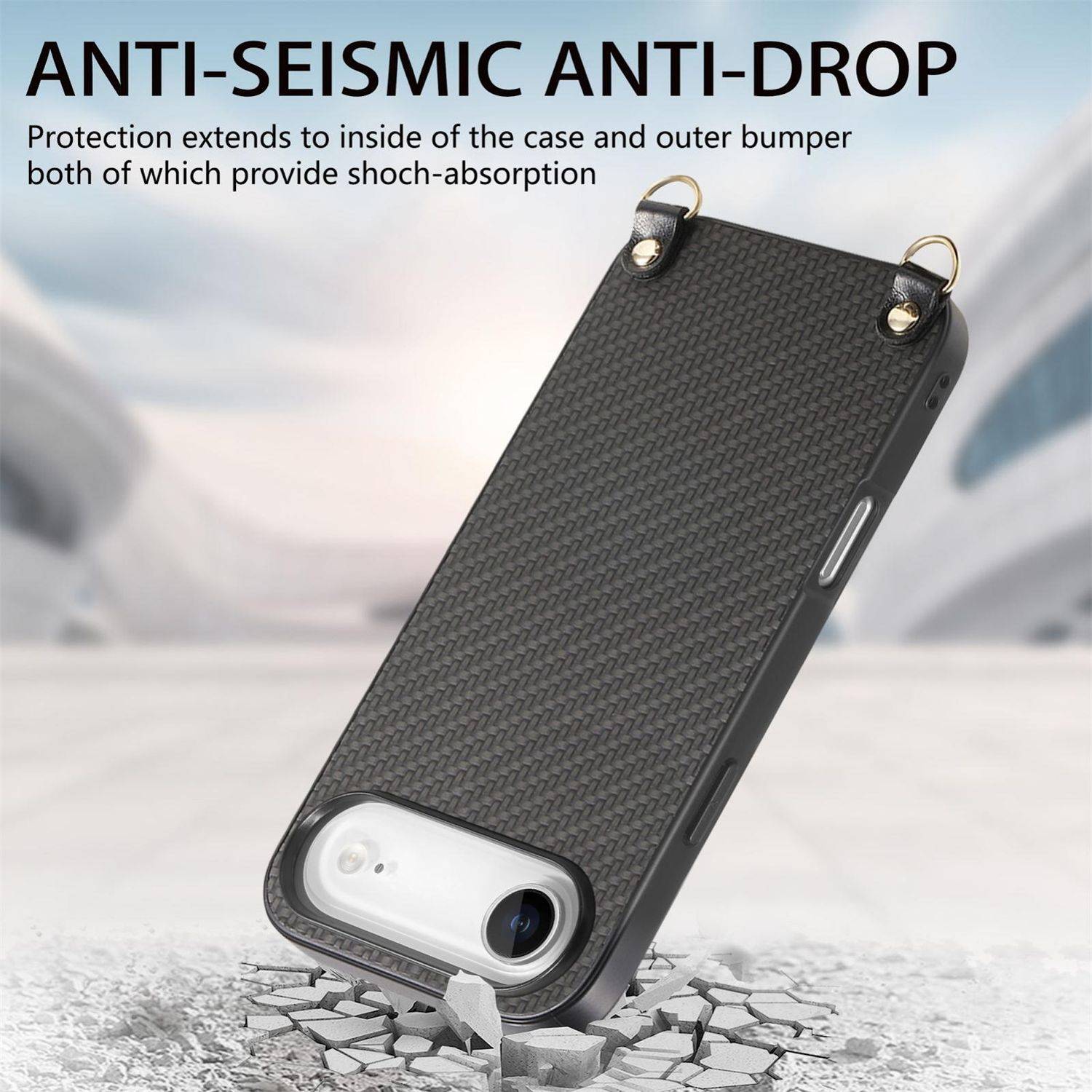 Schwarze Handyhülle mit äußerem Bumper, die stoßfest ist, mit der Beschriftung „ANTI-SEISMIC ANTI-DROP