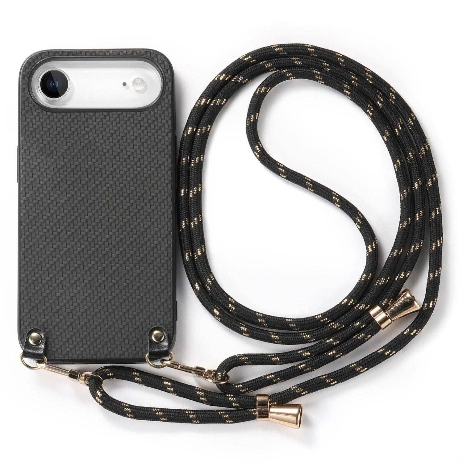 Smartphone in einem schwarzen strukturierten Etui mit einem abnehmbaren schwarz-goldenen Halsband-Lanyard, dargestellt auf weißem Hintergrund.