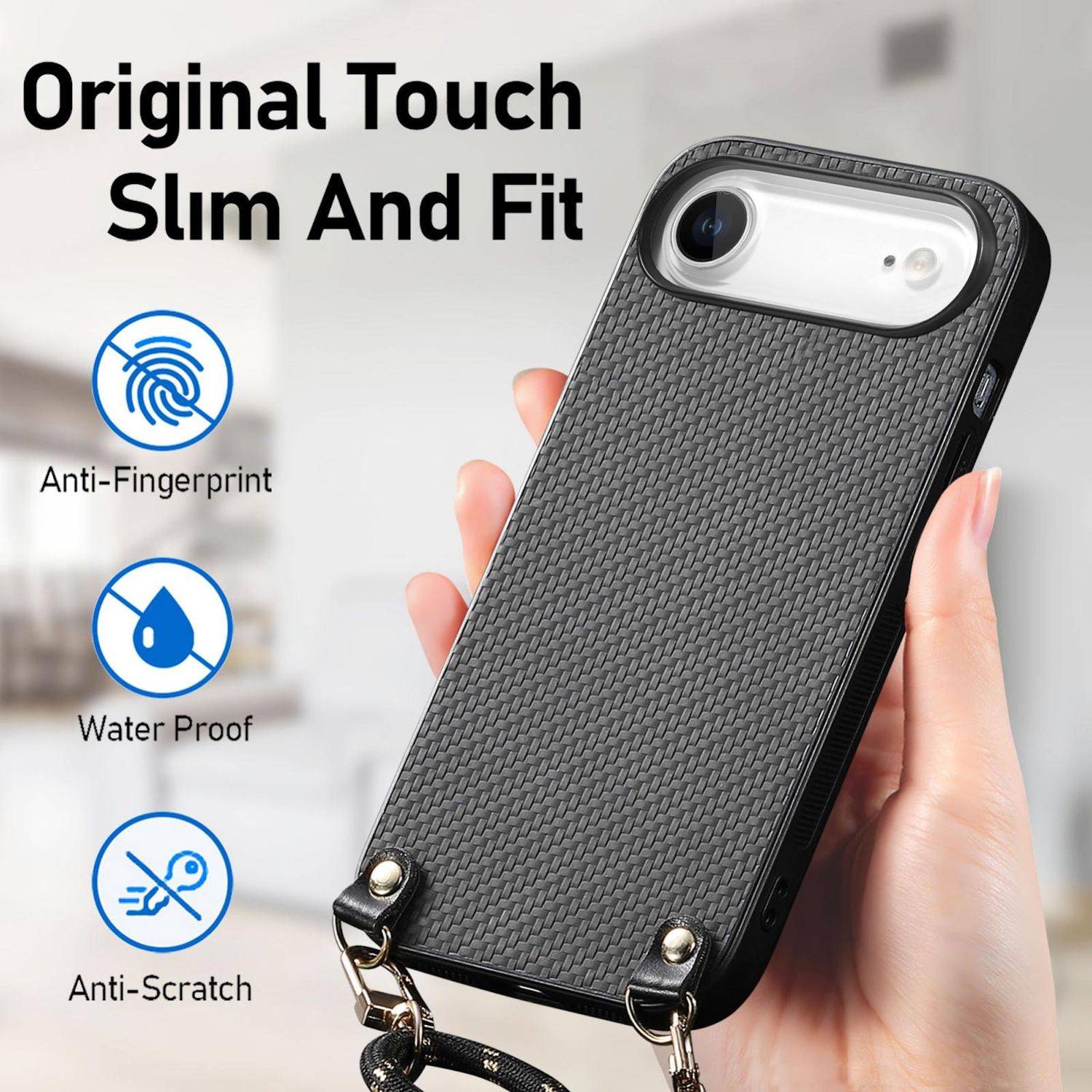 Carbon Textur Design Leder Hülle mit Umhängeband Schwarz für Apple iPhone 17 Air