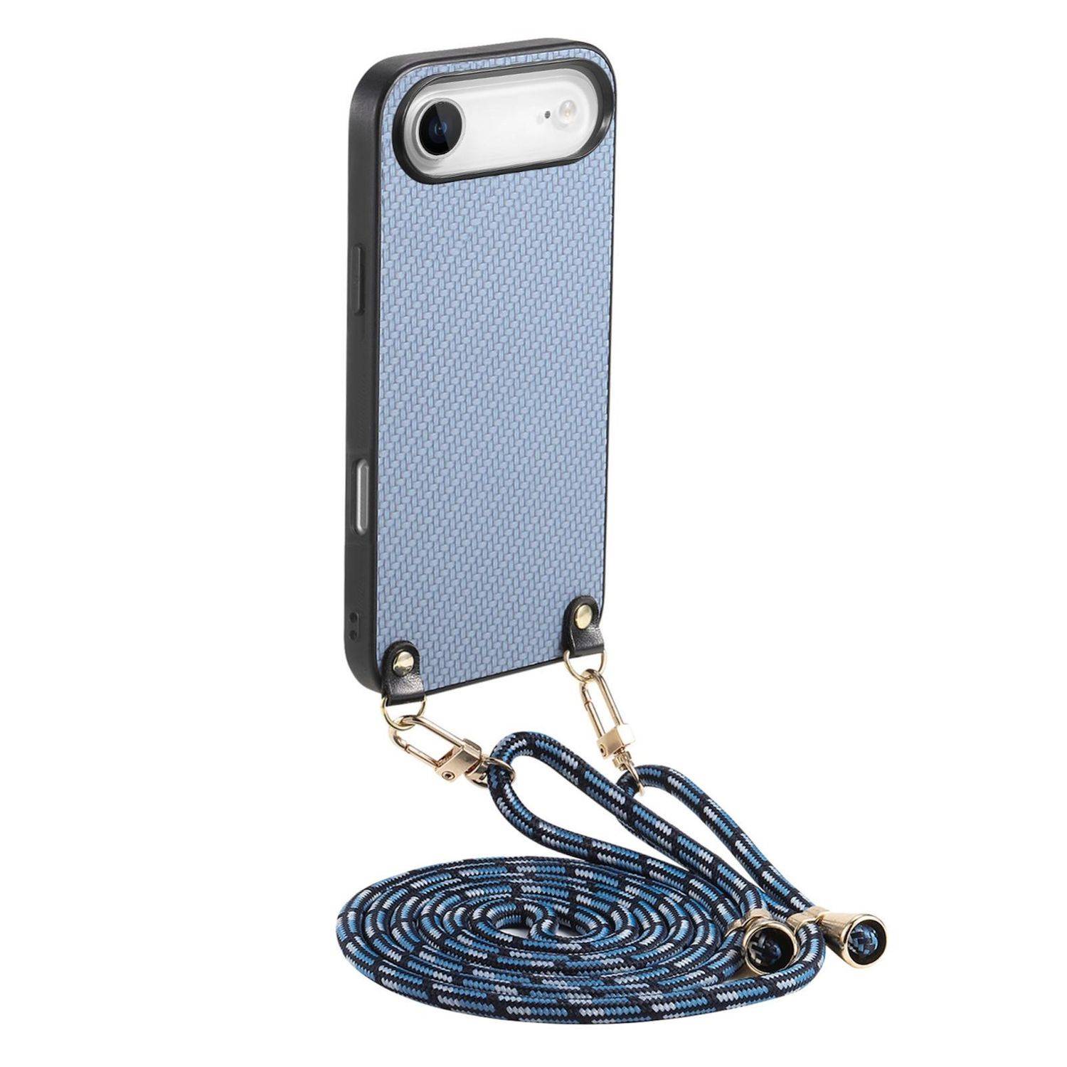 Smartphonegehäuse mit angebrachtem Schlüsselband, dargestellt mit einem langen blauschwarzen gewebten Riemen zum freihändigen Tragen.