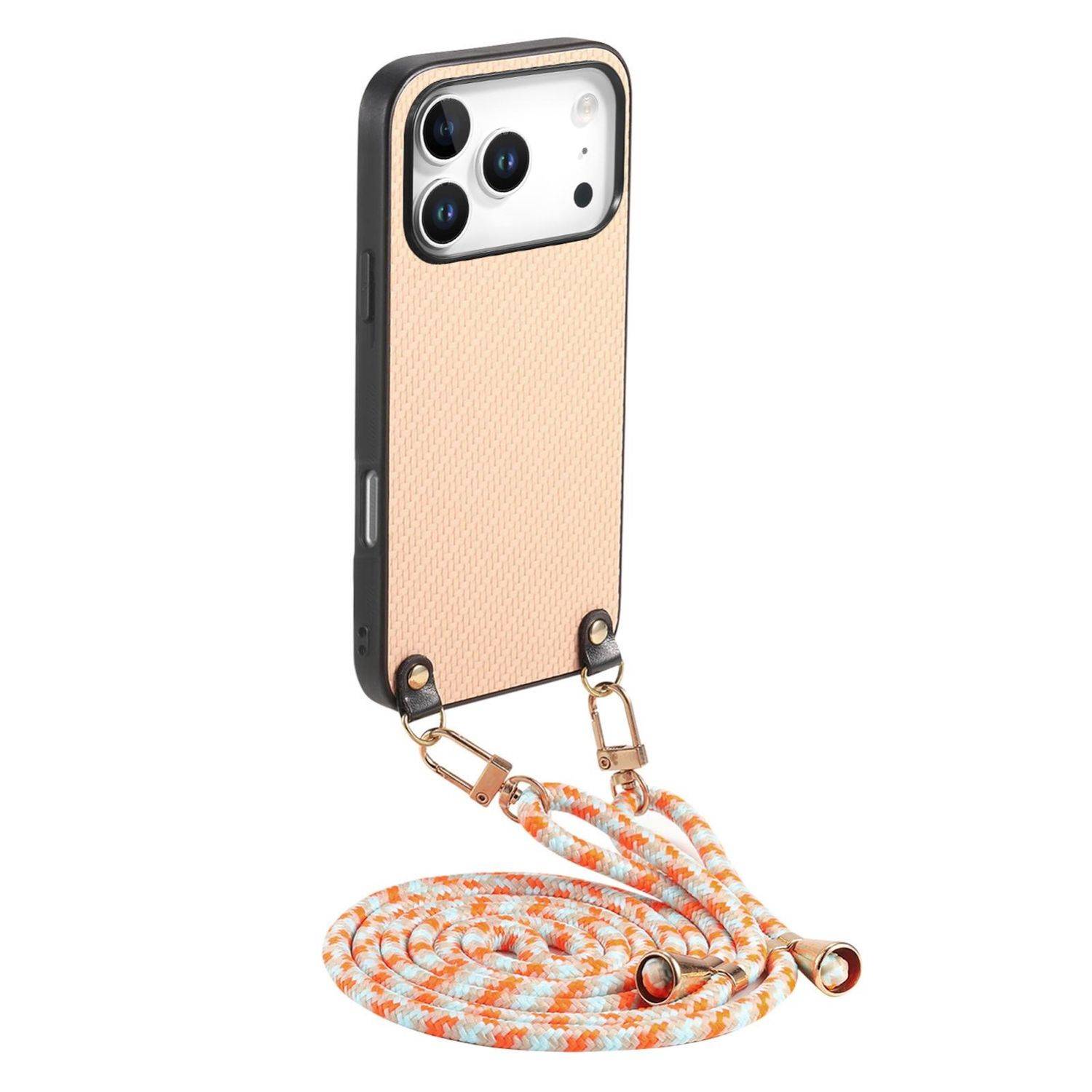 Smartphone in einem schwarzen Gehäuse mit goldenem Rücken, befestigt an einer geflochtenen orange-weiß gestreiften Umhängeleine zum Tragen oder für die Sicherung.