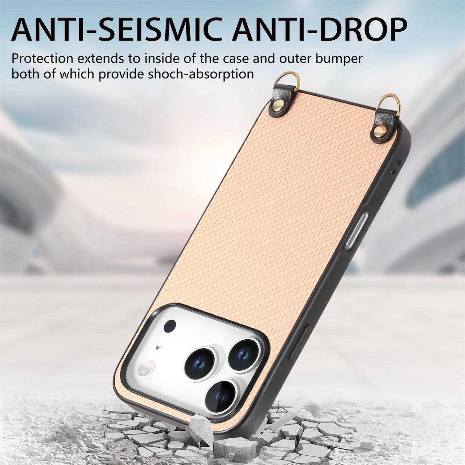 Handyhülle, die eine beige stoßfeste, bruchsichere Schutzhülle mit schockabsorbierendem Schutz und verstärkten Ecken um ein Smartphone zeigt.