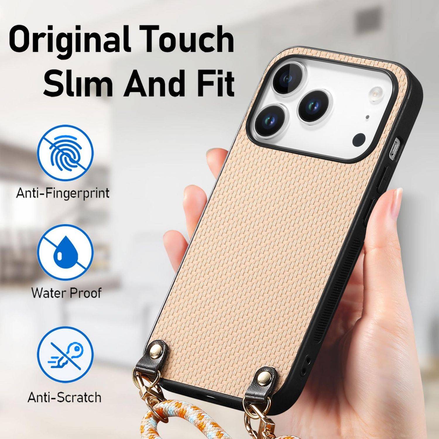 Werbebild einer schlanken Handyhülle mit gewebter Textur, mit der Bezeichnung „Original Touch Slim And Fit