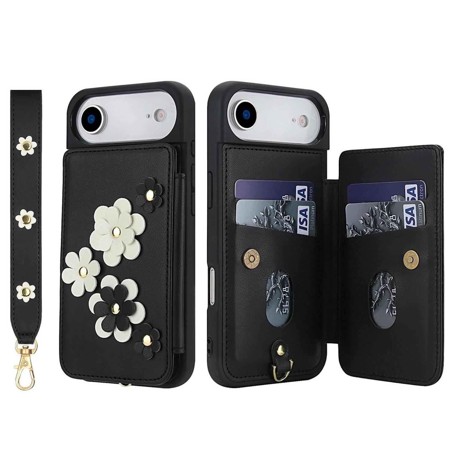 Schwarze Telefon-Geldbörsen-Hülle mit Blumengurt, von vorne und hinten gezeigt, mit Kartensteckplätzen, Geldtasche und dekorativen Blüten-Applikationen.