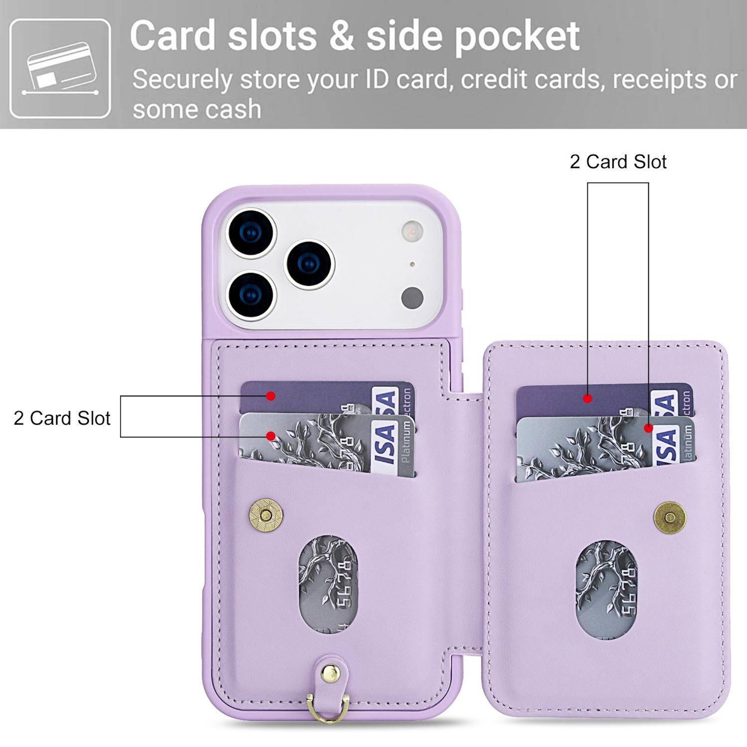 Lavendelfarbenes Telefon-Geldbörsen-Etui mit Seitentasche und Kartenfächern, das eine ID und Kreditkarten hält, mit Beschriftungen für 2 Kartenfächer.