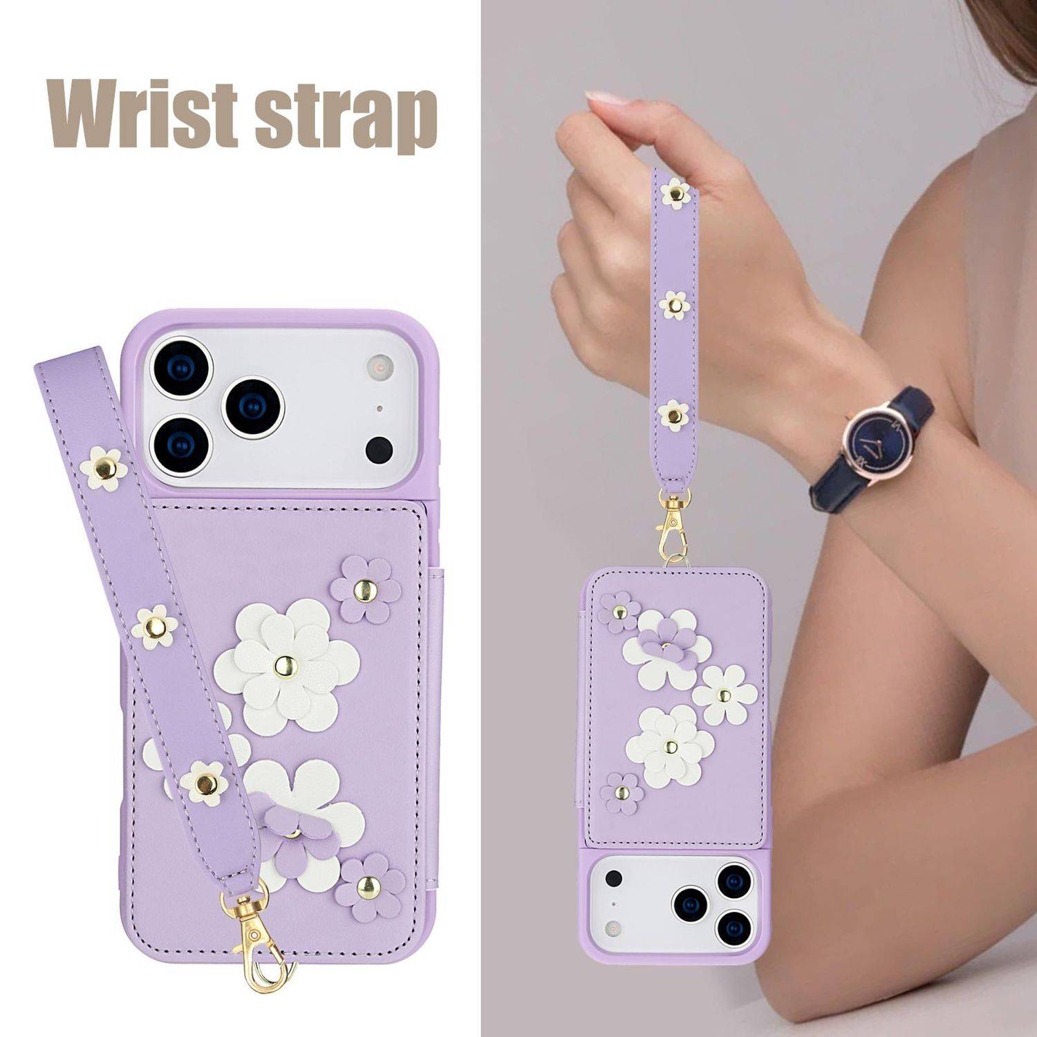Lavendelblüten-Handgelenksband-Handyhülle gezeigt an einer Hand und befestigt an einem Smartphone, mit passendem abnehmbarem Riemen und dekorativen Blütenappliqués.