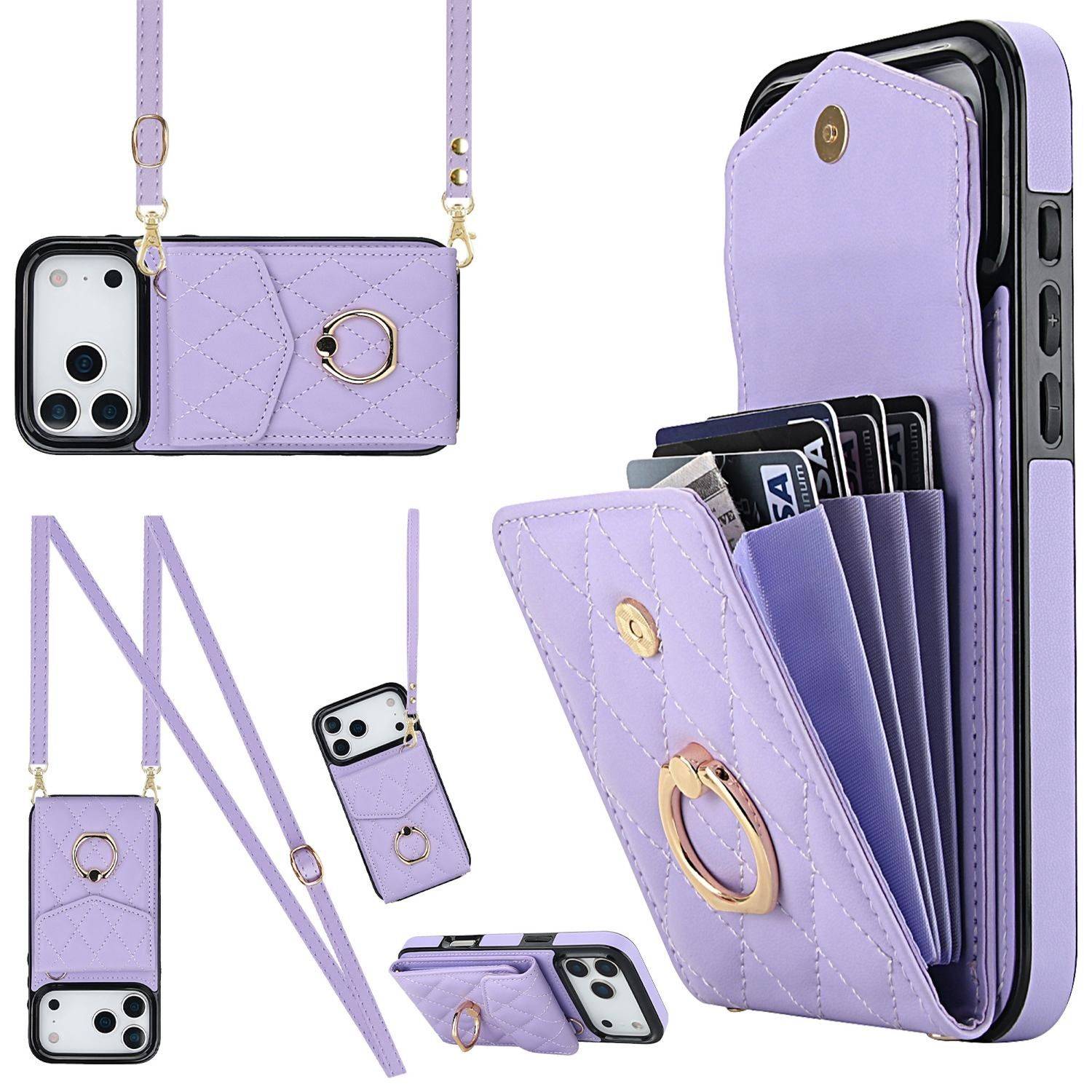 Lavendelgepolsterte Handytasche mit verstellbarem Riemen und goldenem Ring, in mehreren Ansichten mit Karten und Telefon dargestellt.