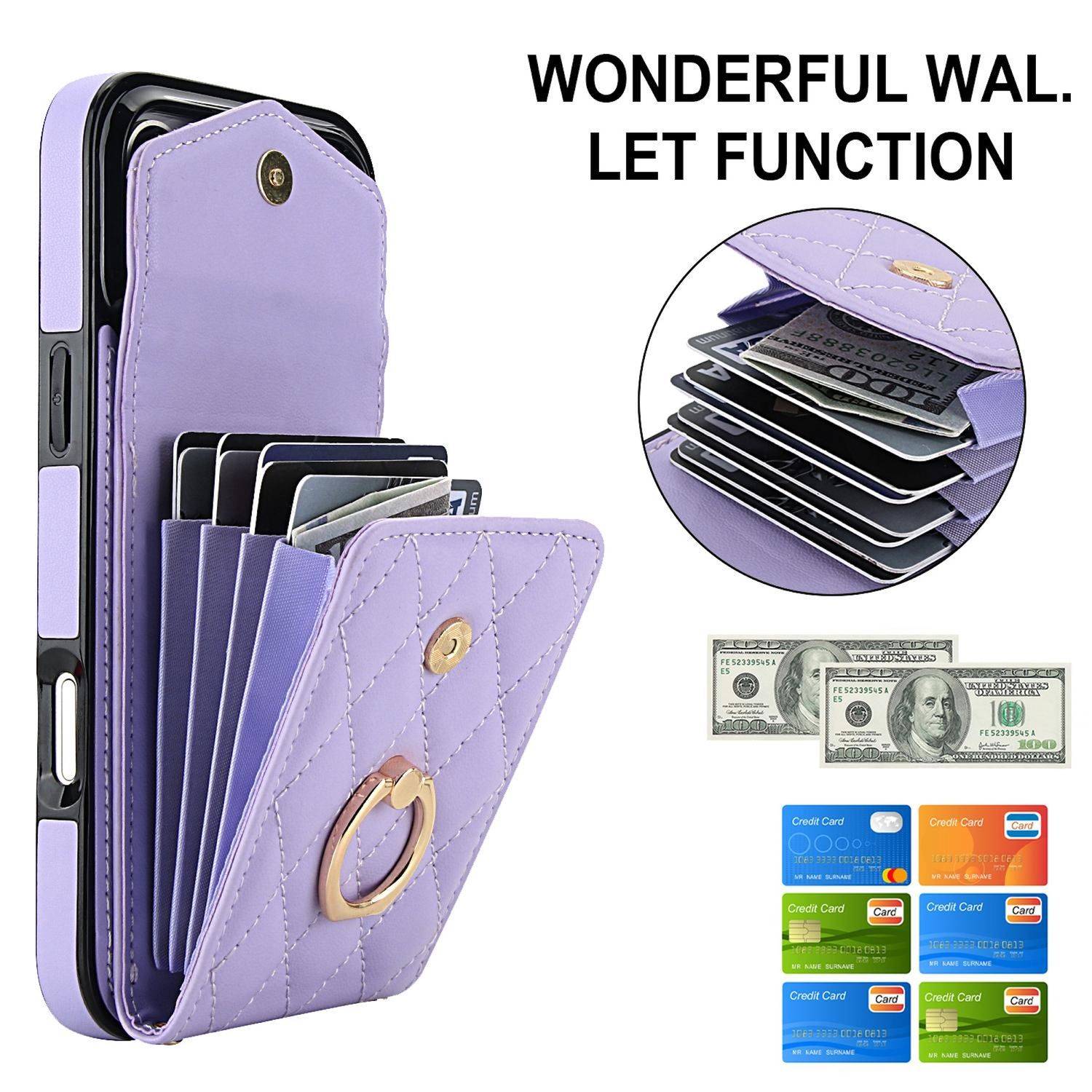 Lavender-Geldbörsen-Handyhülle mit Kartensteckplätzen und Geldtasche, geöffnet mit Karten und Scheinen dargestellt, plus Nahaufnahme des mehrschichtigen Aufbewahrungssystems und Beispielkreditkarten.