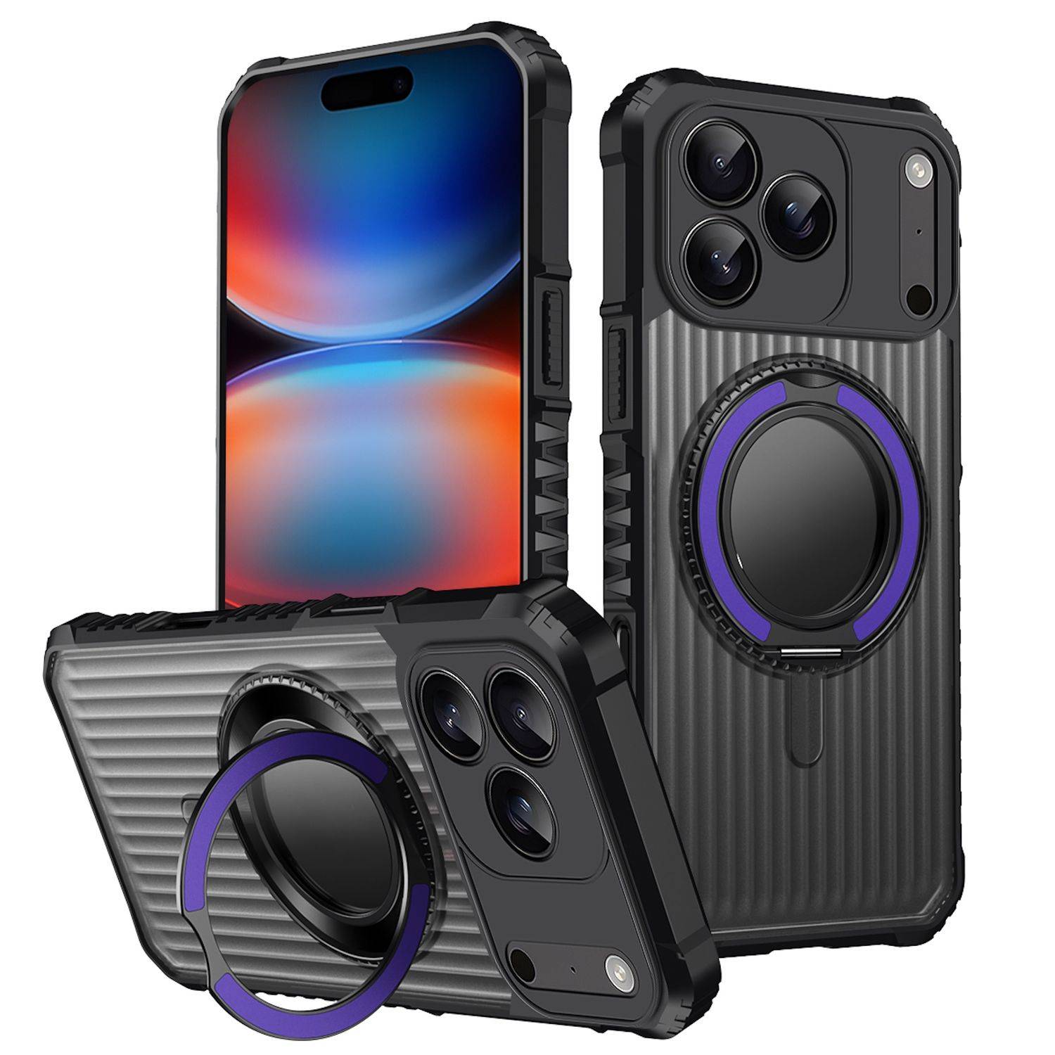 Drei Ansichten einer robusten Smartphone-Schutzhülle mit gerippten grauen Paneelen, schwarzen Kanten und einem großen violetten Ringständer auf der Rückseite.
