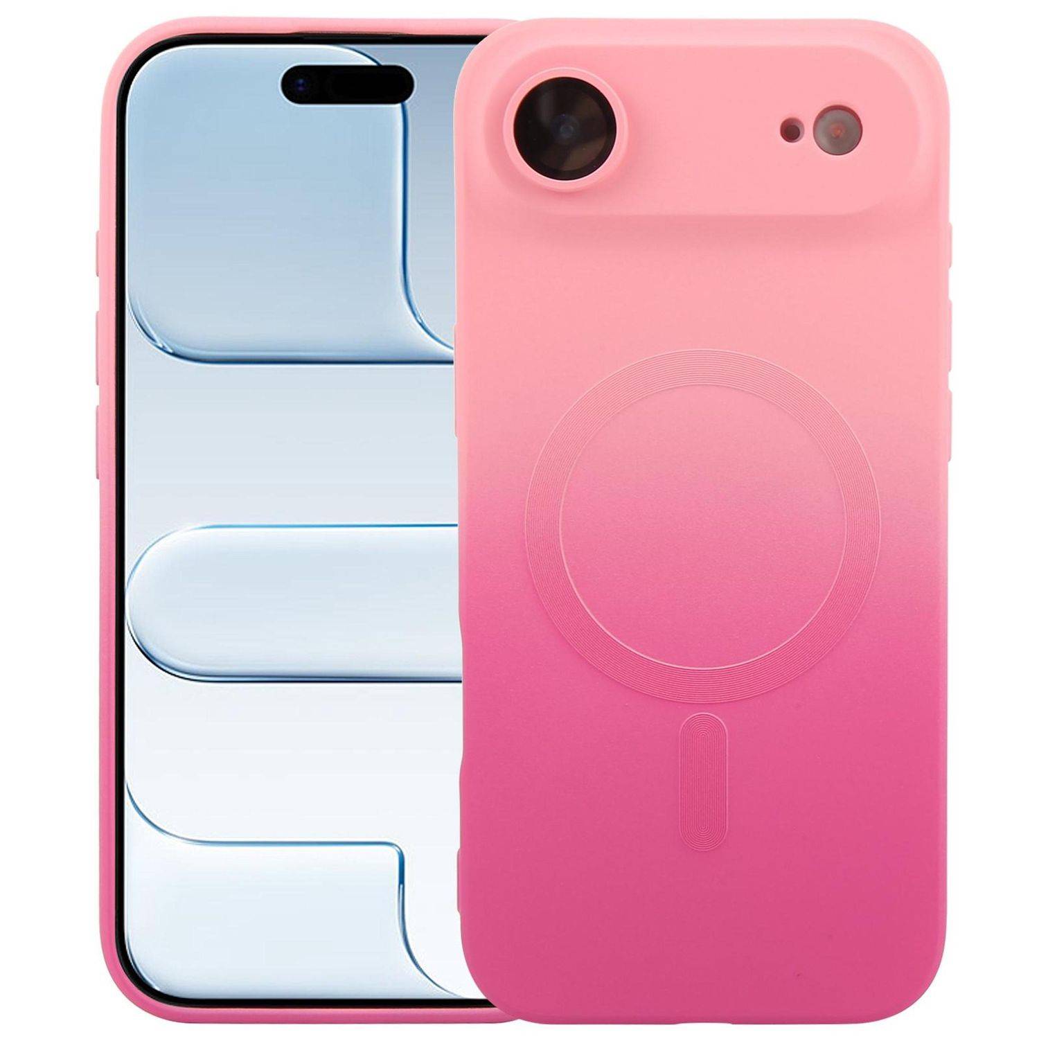 Rosa Smartphonehülle von vorne und hinten gezeigt, mit MagSafe-ähnlichem rundem Ladering und Kameraausschnitten.