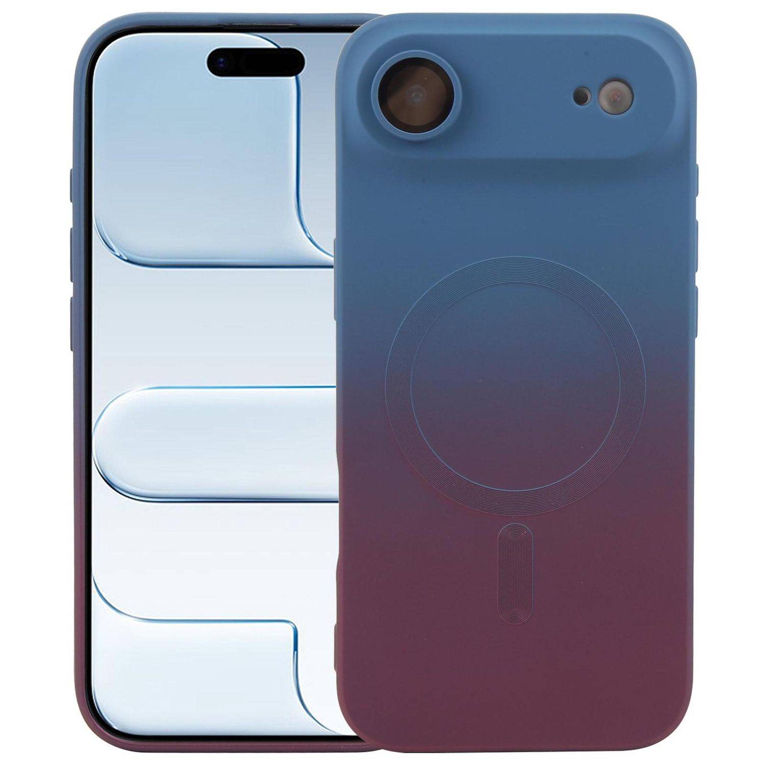 Zwei Smartphones, von vorne und hinten gezeigt: Das vordere Display ist hellblau mit einer pillenförmigen Aussparung, und die Rückseite ist ein blau-violettes Gehäuse mit Kamera und MagSafe-Ring.