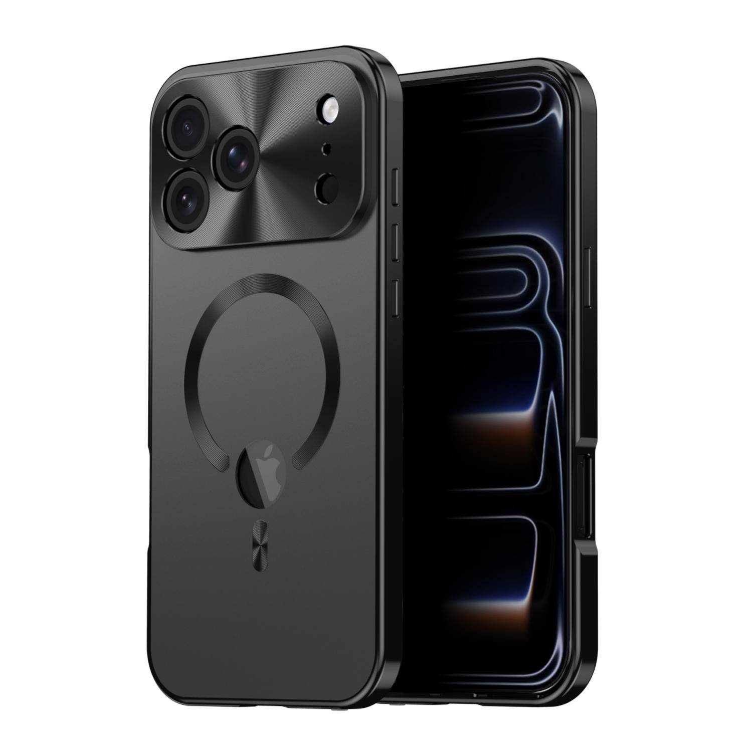 Schwarzes Smartphone mit einer MagSafe-ähnlichen Hülle, die drei rückseitige Kameras und einen kreisförmigen Magnetring zeigt, vorderes Display teilweise sichtbar.