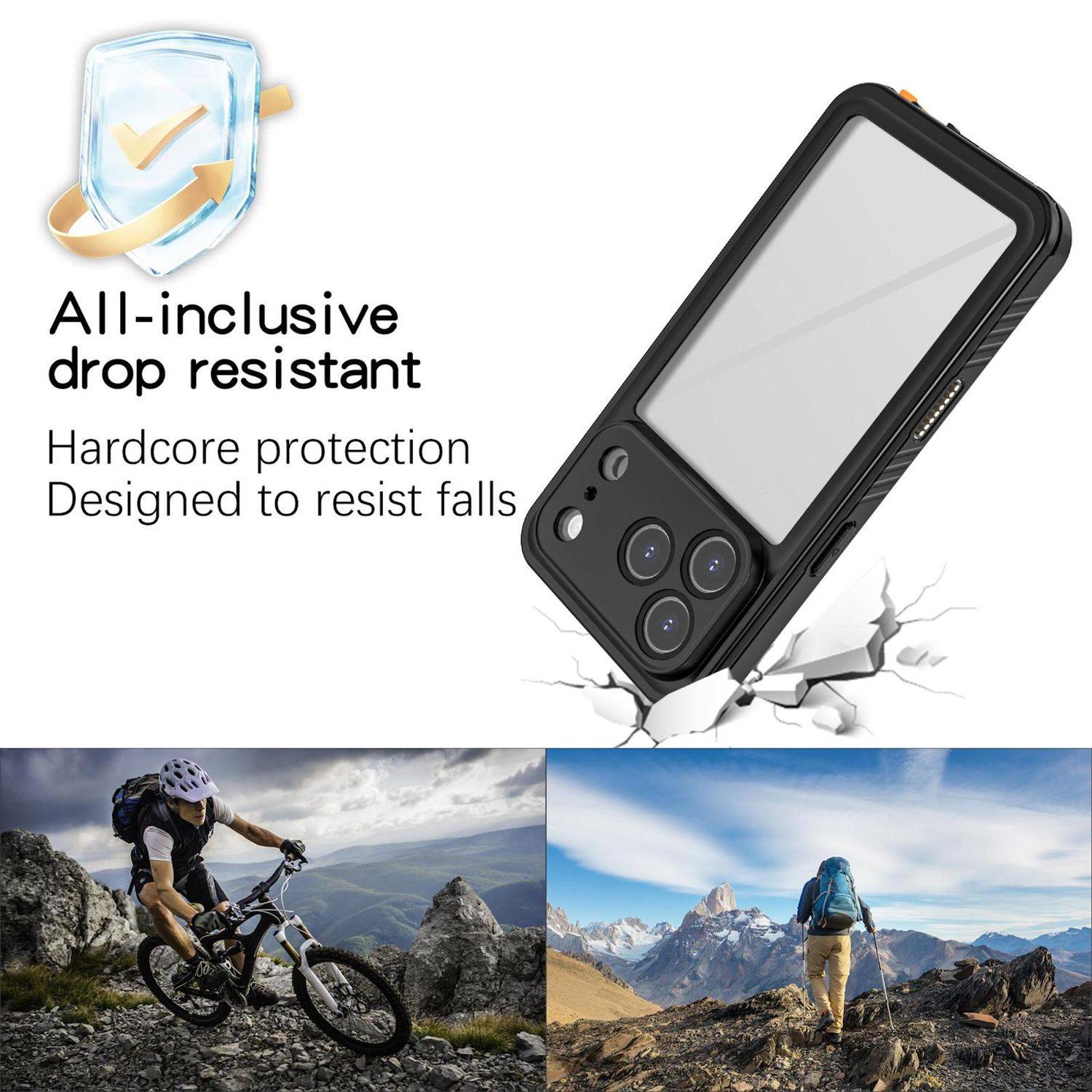 Anzeige für eine stoßfeste Handyhülle, die ein geschütztes Telefon mit gerissenen Boden und Outdoor-Biking- und Wanderszenen zeigt, um umfassenden robusten Schutz zu suggerieren.