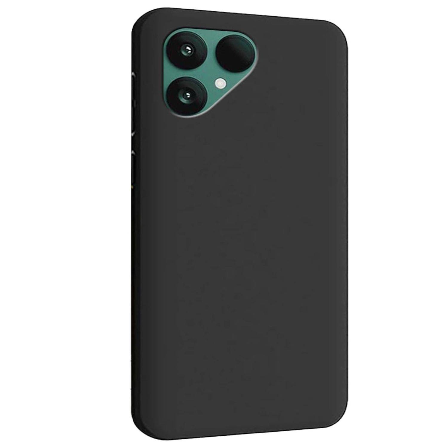 Schwarze Smartphone-Hülle mit dreieckigem Kameraausschnitt für drei Objektive und Blitz, auf weißem Hintergrund dargestellt.