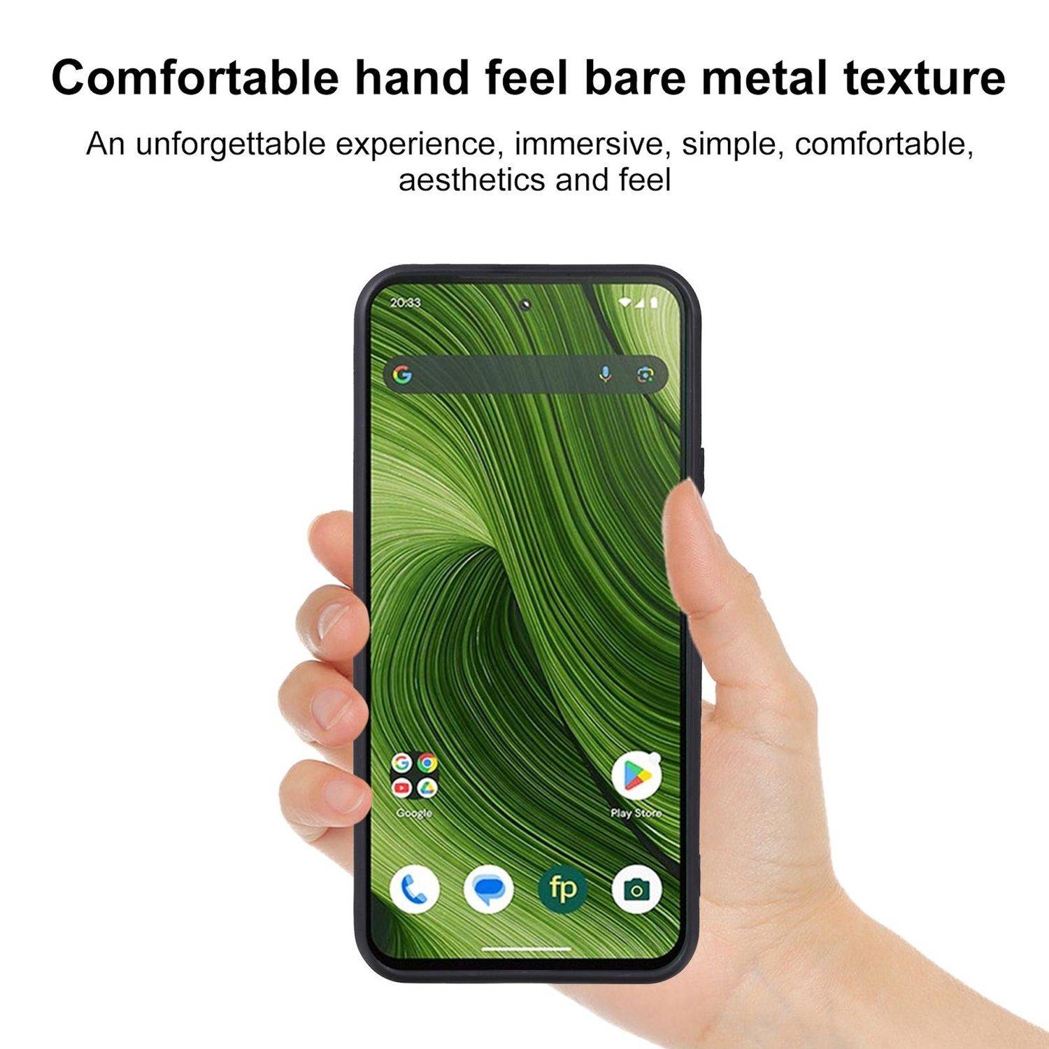 Hand hält ein Smartphone mit grünem abstraktem Hintergrund; der Anzeigentext lautet „Angenehmes Handgefühl, Textur aus blankem Metall