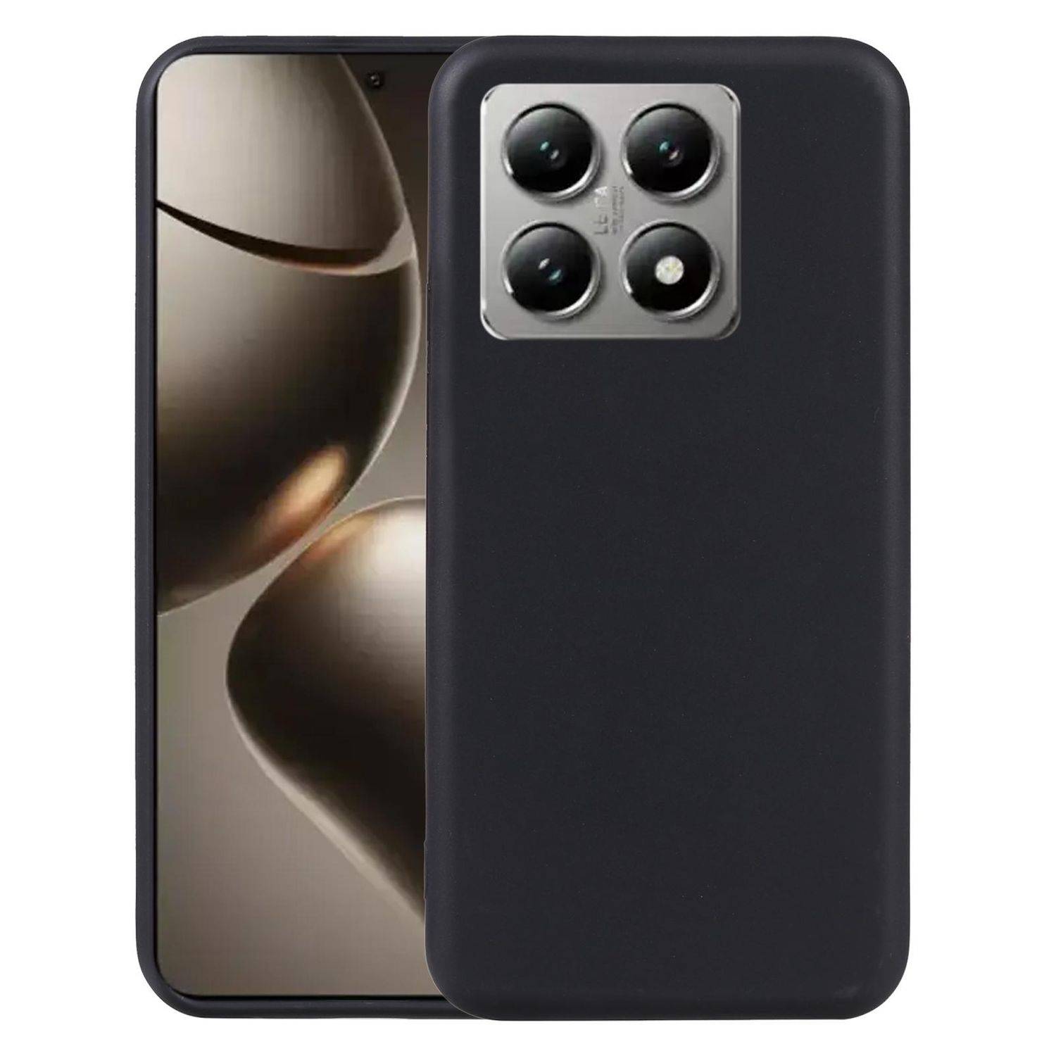 Smartphone von vorne und hinten dargestellt, mit einer schwarzen Hülle auf der Rückseite und einem sichtbaren quadratischen Vier-Kamera-Modul.