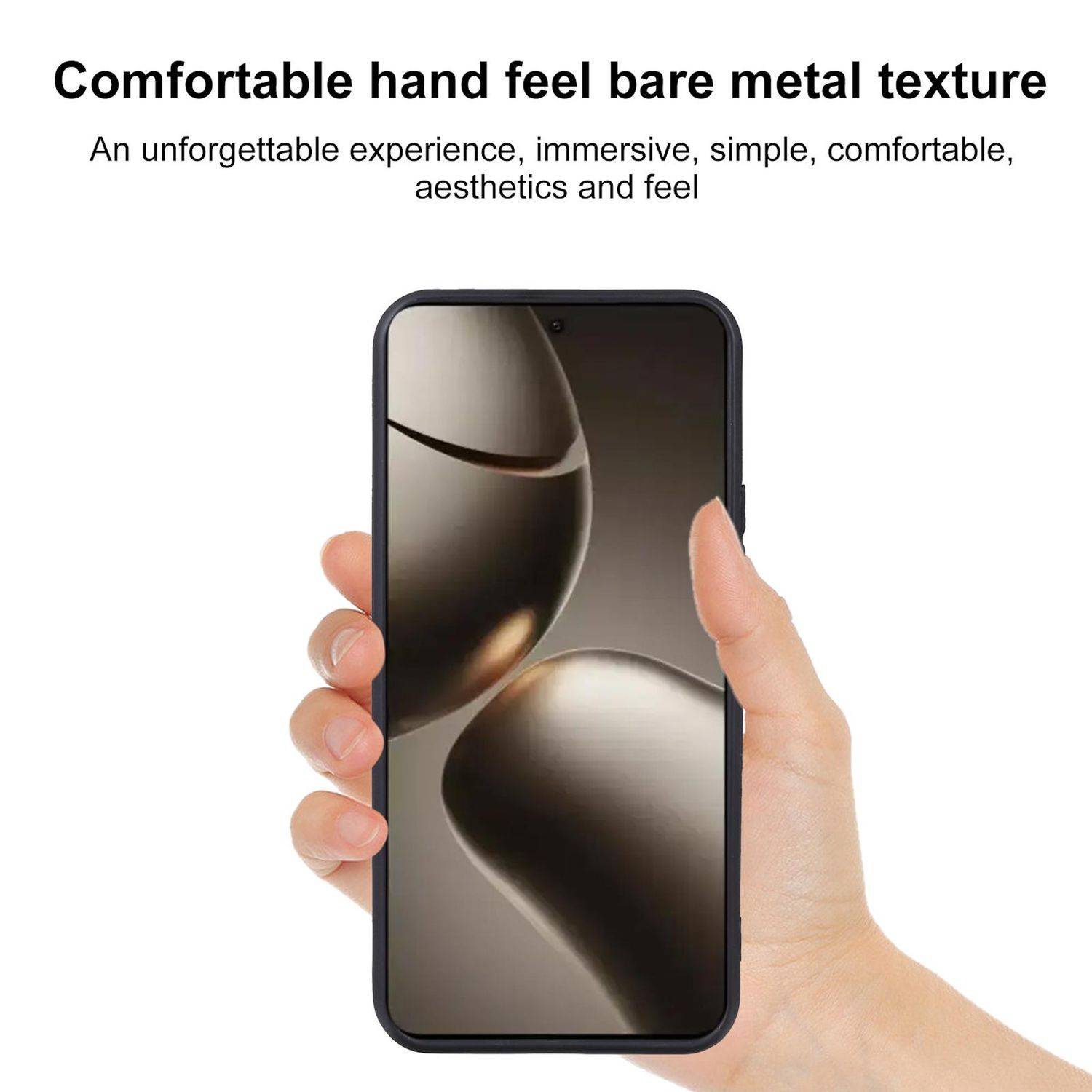 Werbebild einer Hand, die ein Smartphone hält, mit dem Text „Angenehmes Handgefühl, blanke Metalltextur