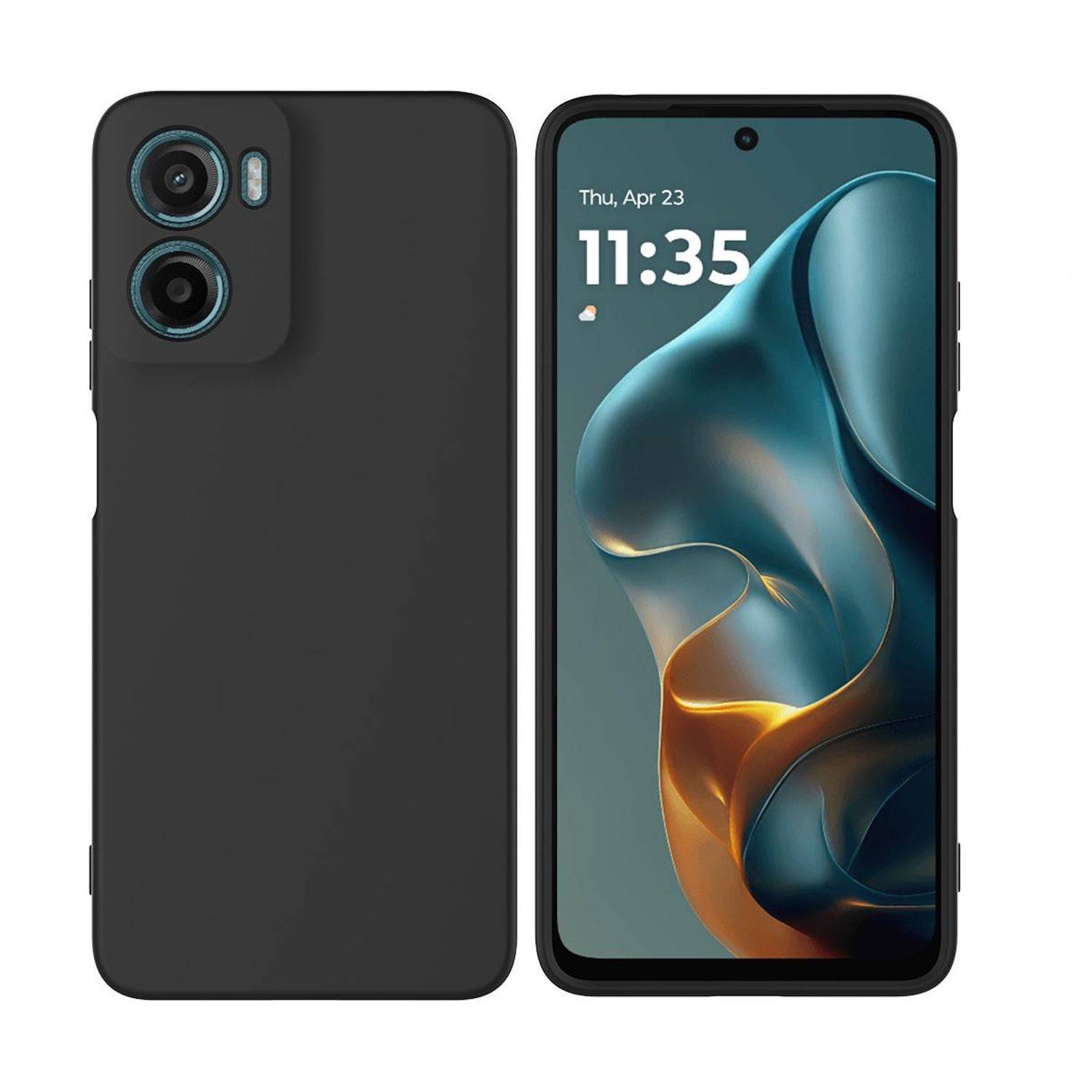 Schwarzes Smartphone von vorne und hinten gezeigt mit dualen Rückkameras und abstraktem Hintergrundbild mit Anzeige von Do., 23. Apr. und 11:35.