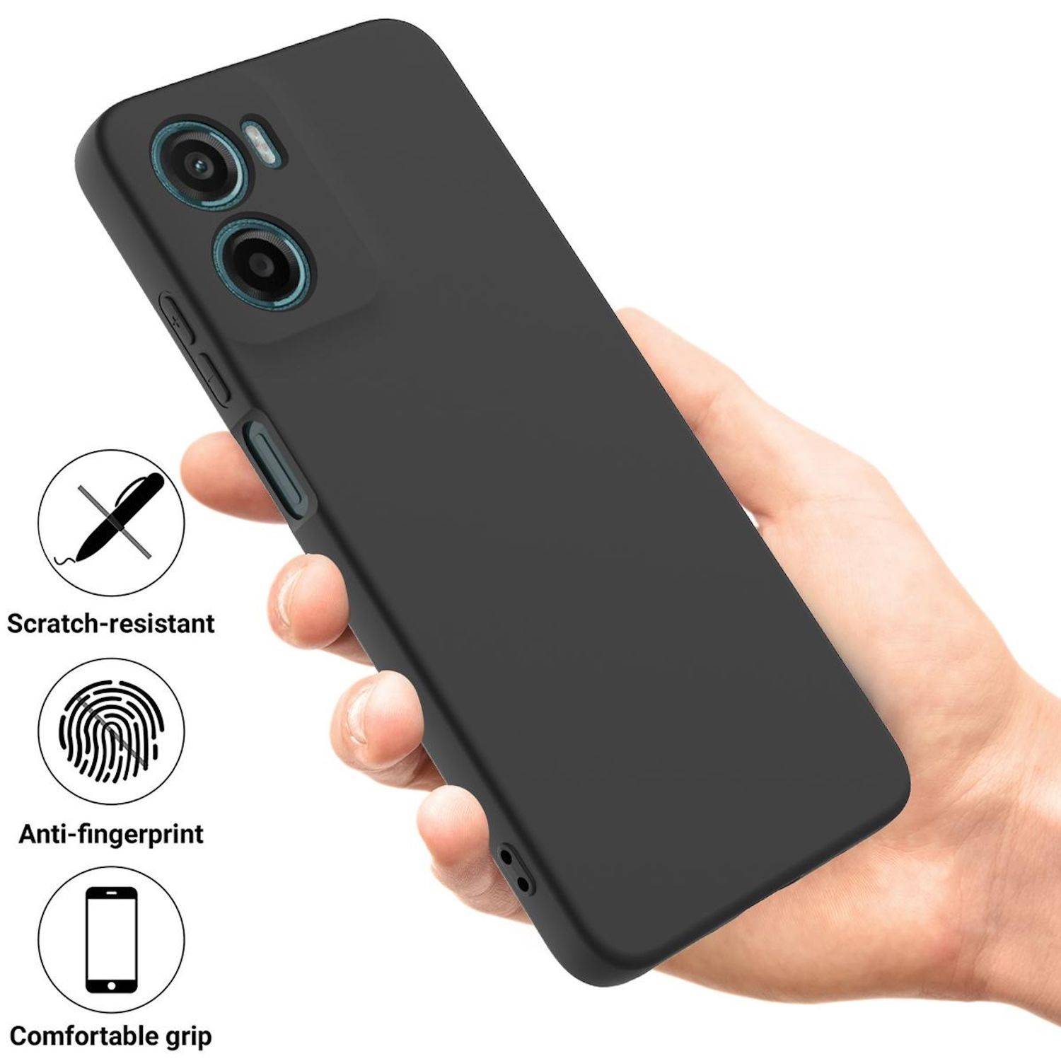 Hand, die ein schwarzes Smartphone-Case hält, dargestellt als kratzfest, anti-fingerabdruck und leicht zu greifen.