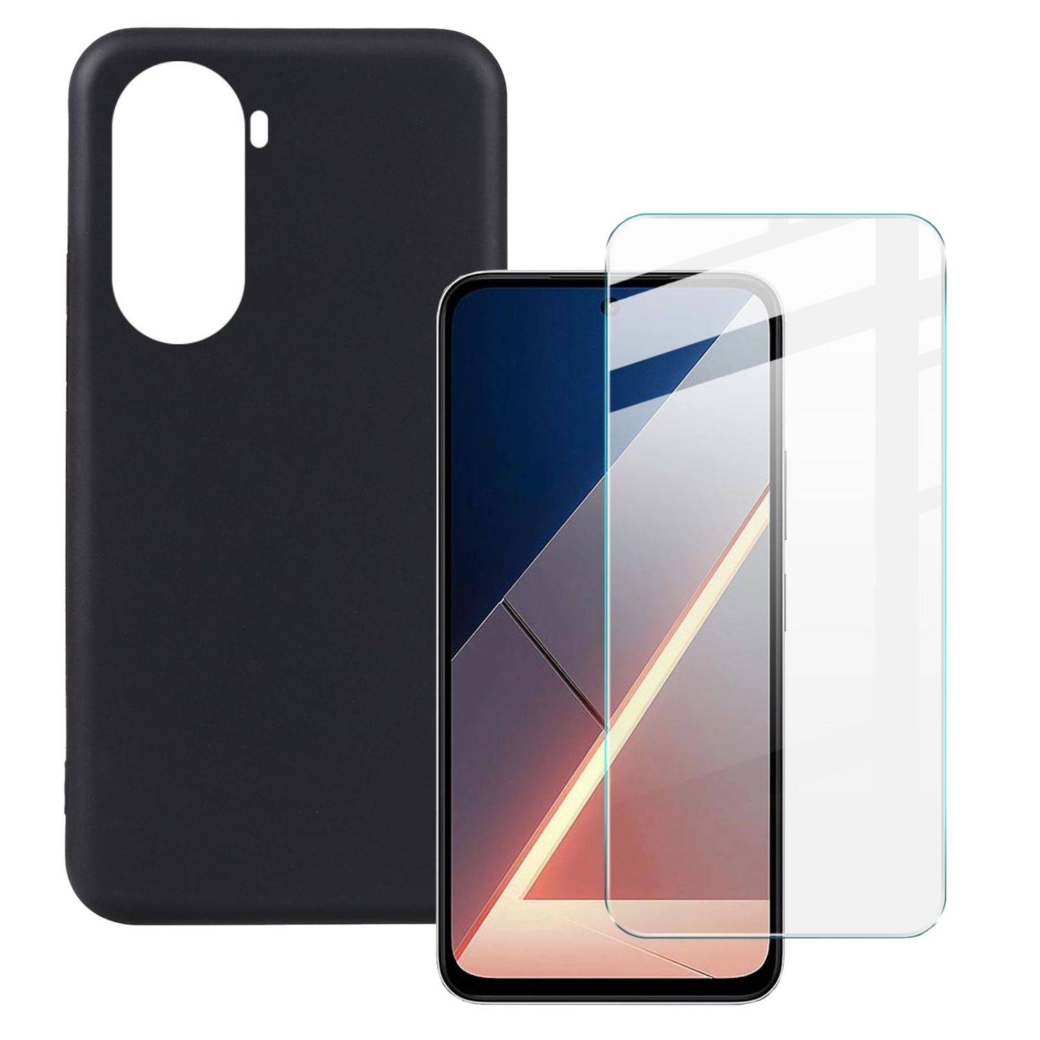 Smartphone-Hülle und klarer Displayschutz, die mit einem Telefon angezeigt werden und Schutzvorrichtungen für ein mobiles Gerät andeuten.