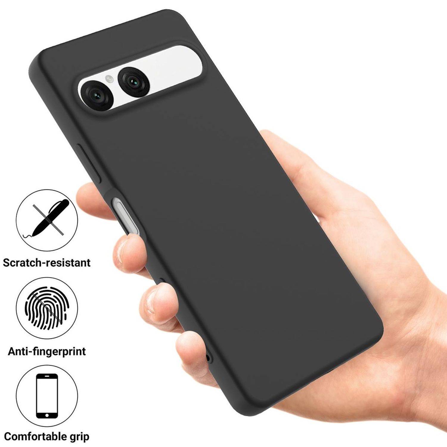 Hand hält ein schwarzes Smartphone-Etui mit doppeltem Kamera-Ausschnitt, dargestellt als kratzfest, antifingerabdruck und angenehm zu greifen.