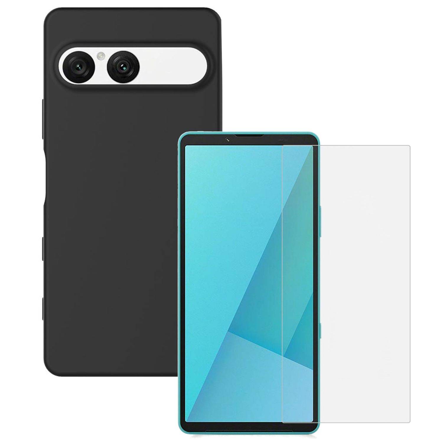 Schwarze Smartphone-Hülle mit dualem Kameraausschnitt auf der Rückseite, daneben ein Telefon mit einem Displayschutzfilm, der auf dem Display ausgerichtet ist.