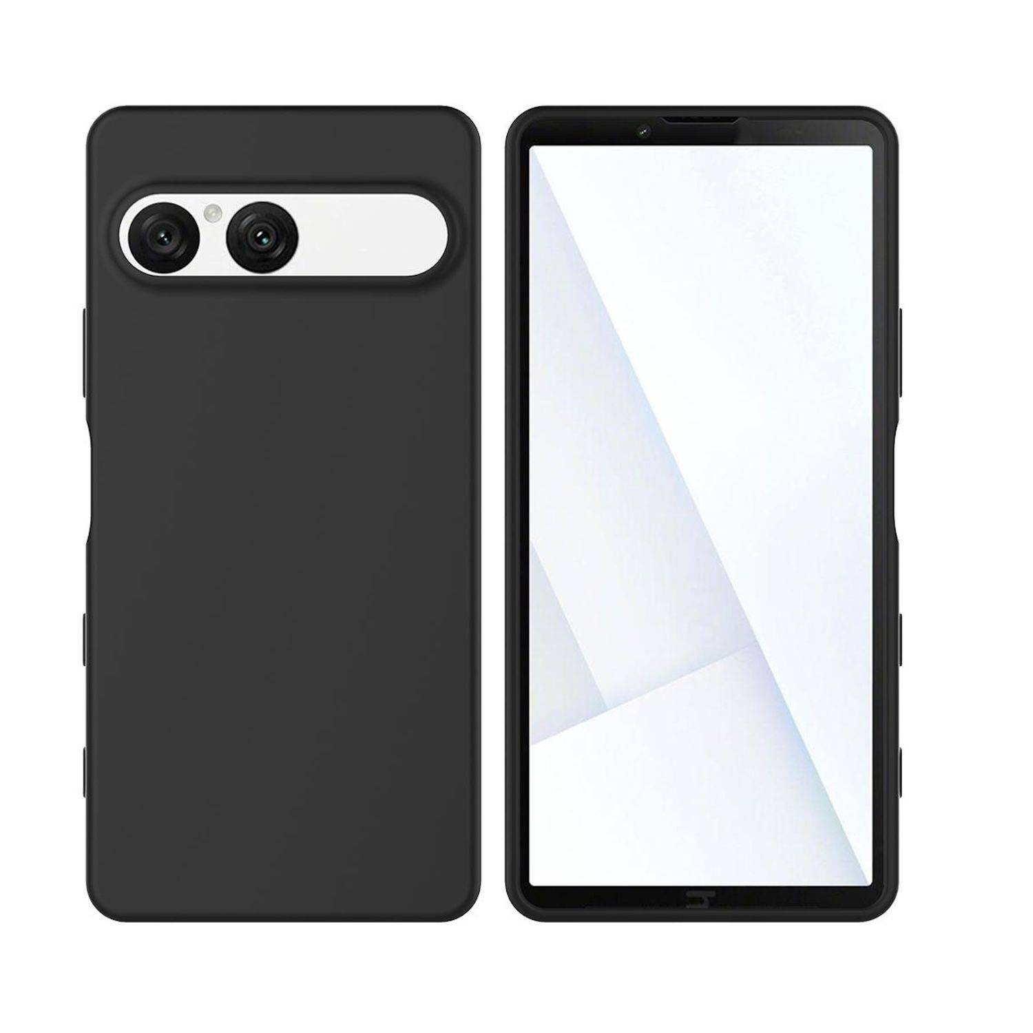 Schwarzes Smartphone von vorne und hinten gezeigt, mit Dual-Rückkameras und einem Full-Screen-Display.