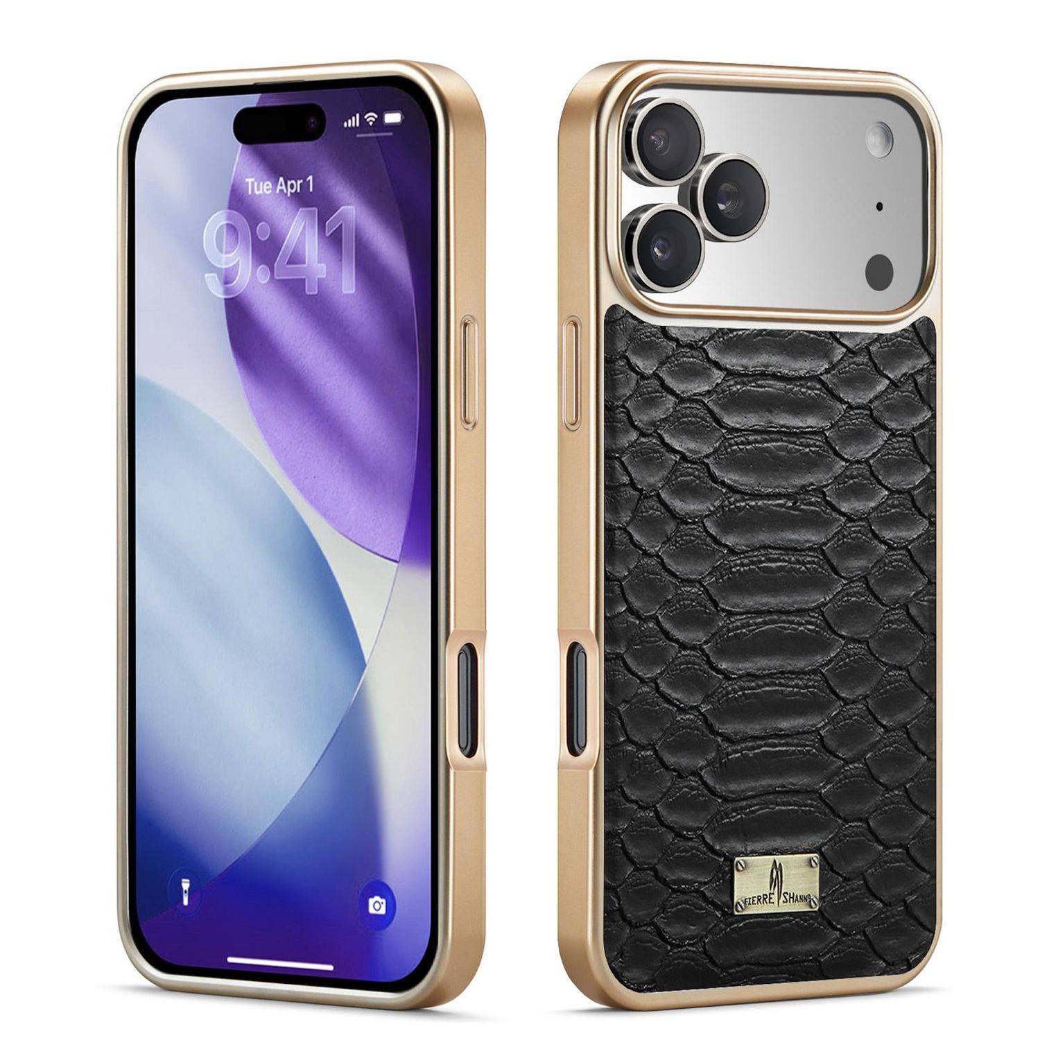 Gold-gerahmtes Smartphone-Case mit strukturiertem schwarzem Rücken, vorne und hinten auf einem iPhone-Modell gezeigt.