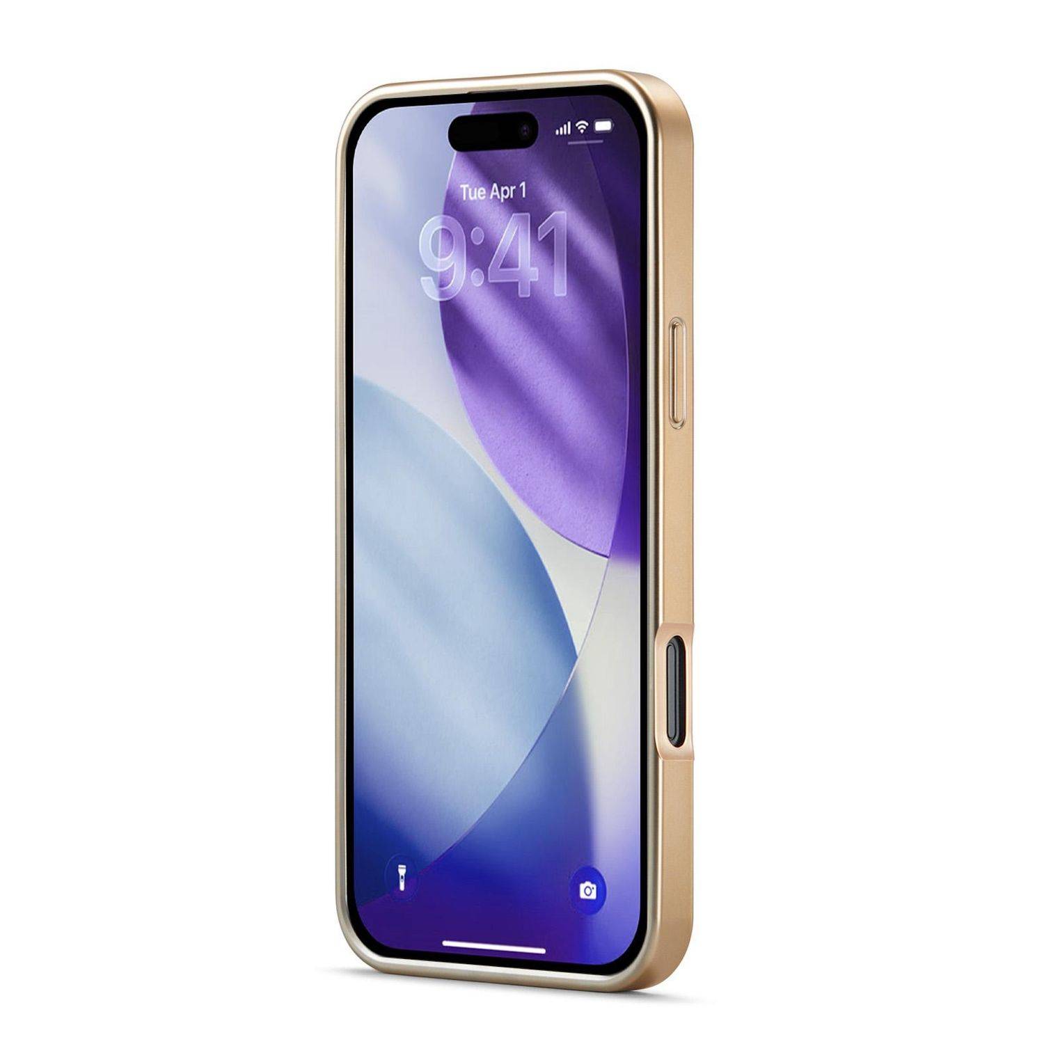 Ein goldenes iPhone wird im Winkel auf weißem Hintergrund angezeigt und zeigt den Sperrbildschirm mit der Uhrzeit 9:41 und dem Datum Dienstag, 1. April.