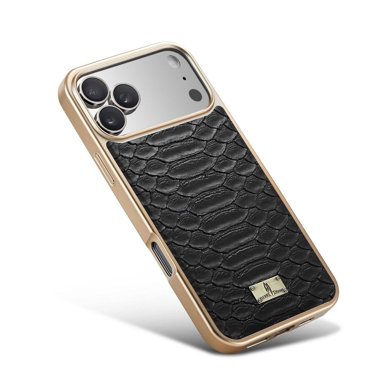 Goldener iPhone-Case mit schwarzem strukturiertem Lederboden, im Winkel auf weißem Hintergrund dargestellt.