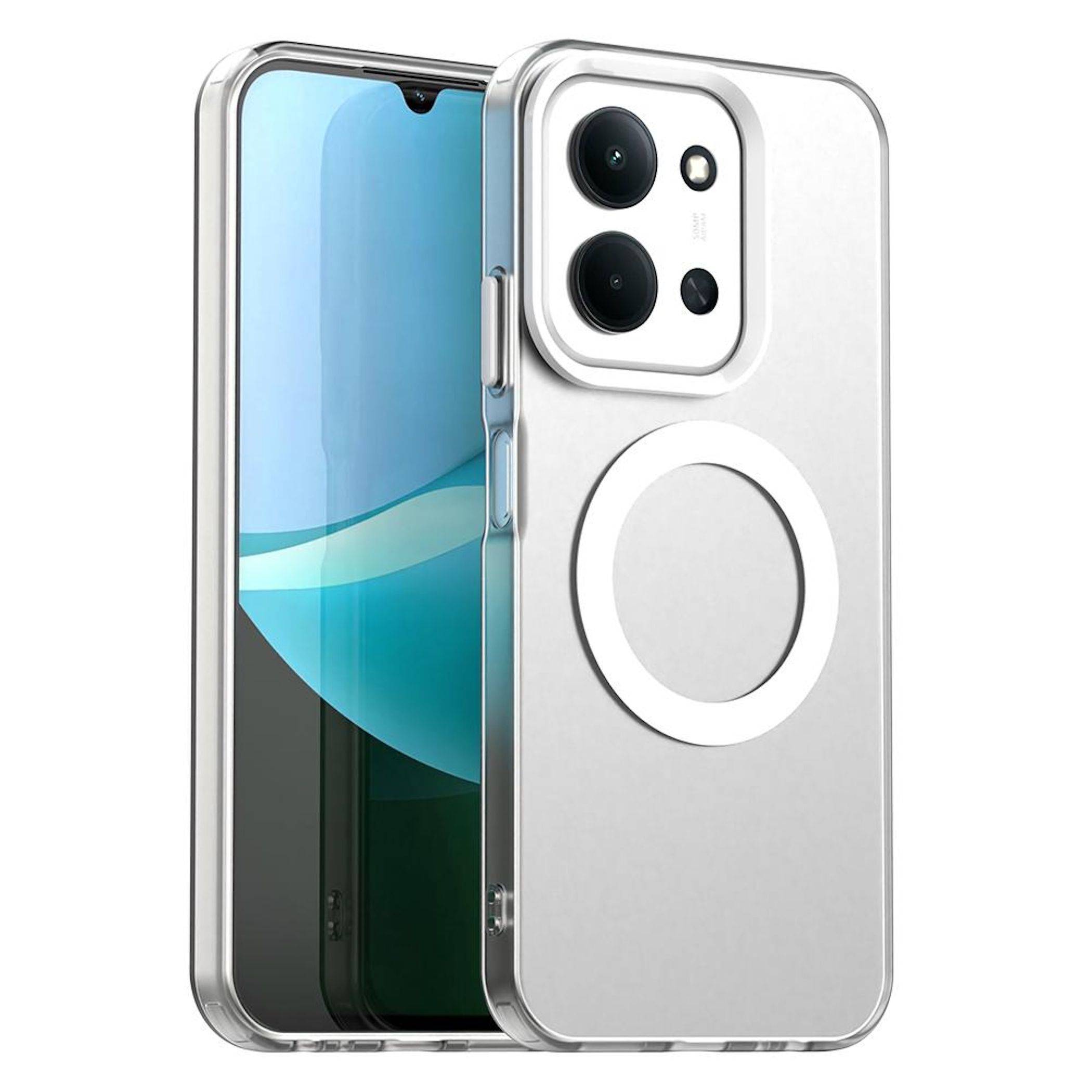 Zwei Smartphones in durchsichtigen Schutzhüllen, eines zeigt den Bildschirm und eines die Rückseite mit Kamera und MagSafe-ähnlichem Ring.