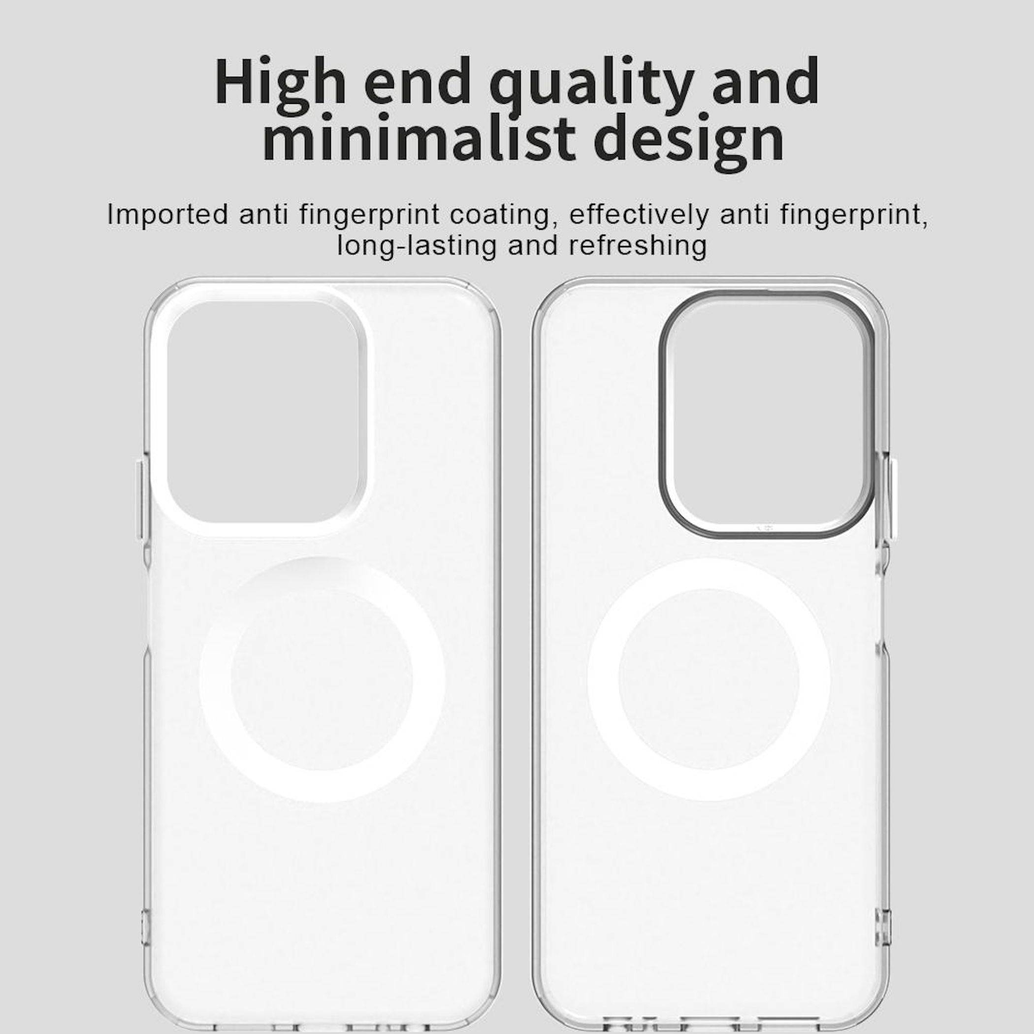 Anzeige mit zwei durchsichtigen Handyhüllen mit großen Kameraausschnitten und MagSafe-ähnlichen Ringen unter dem Text „Hochwertige Qualität und minimalistisches Design