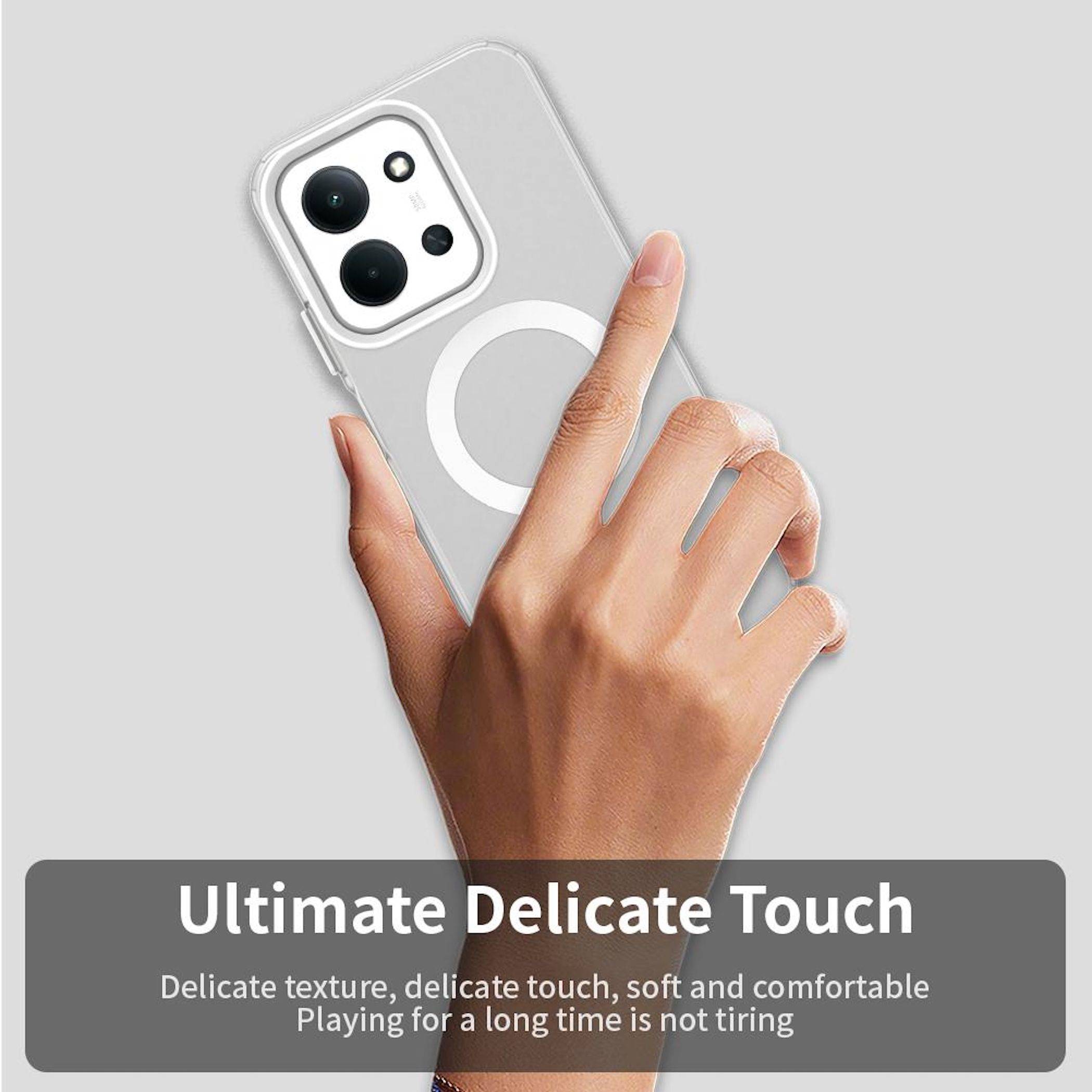 Hand, die ein transparentes Handyhutchen mit einem MagSafe-ähnlichen Ring hält; Text liest „Ultimate Delicate Touch