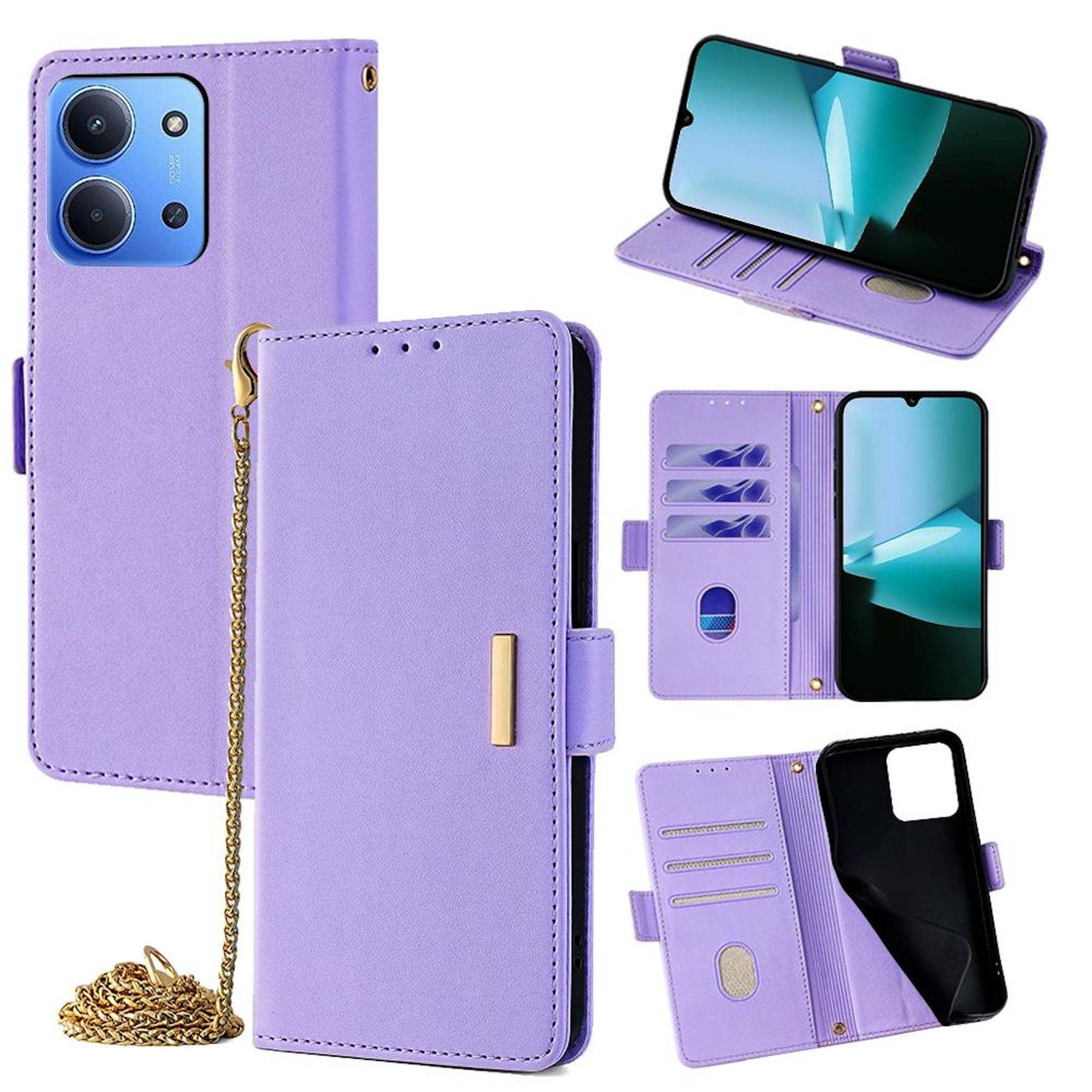 Violette Smartphone-Geldbörsen-Hülle mit Kartenfächern, Riemen und Ständer, geöffnet und geschlossen mit Telefon im Inneren dargestellt.