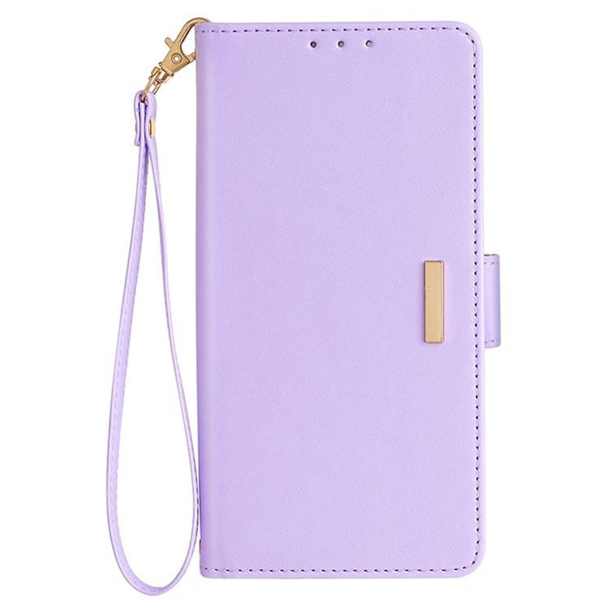 Lavendelfarbenes Smartphone-Geldbörsen-Etui mit Handgelenkschlaufe, goldener Verschluss und seitlichem Kartenfach.