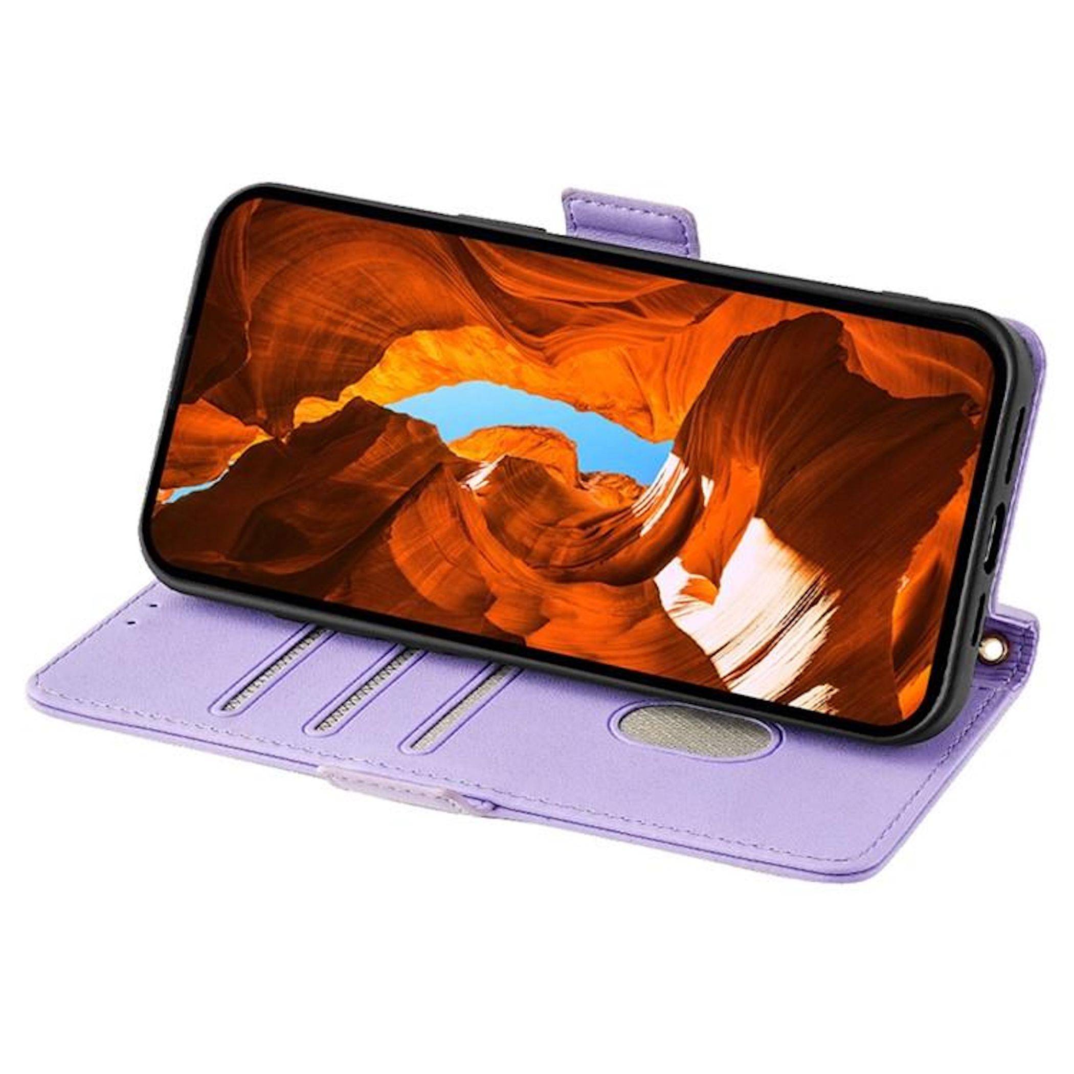 Ein Smartphone in einer violetten Folio-Brieftaschenhülle, aufgeklappt stehend und zeigt ein Canyonfoto auf dem Bildschirm an.