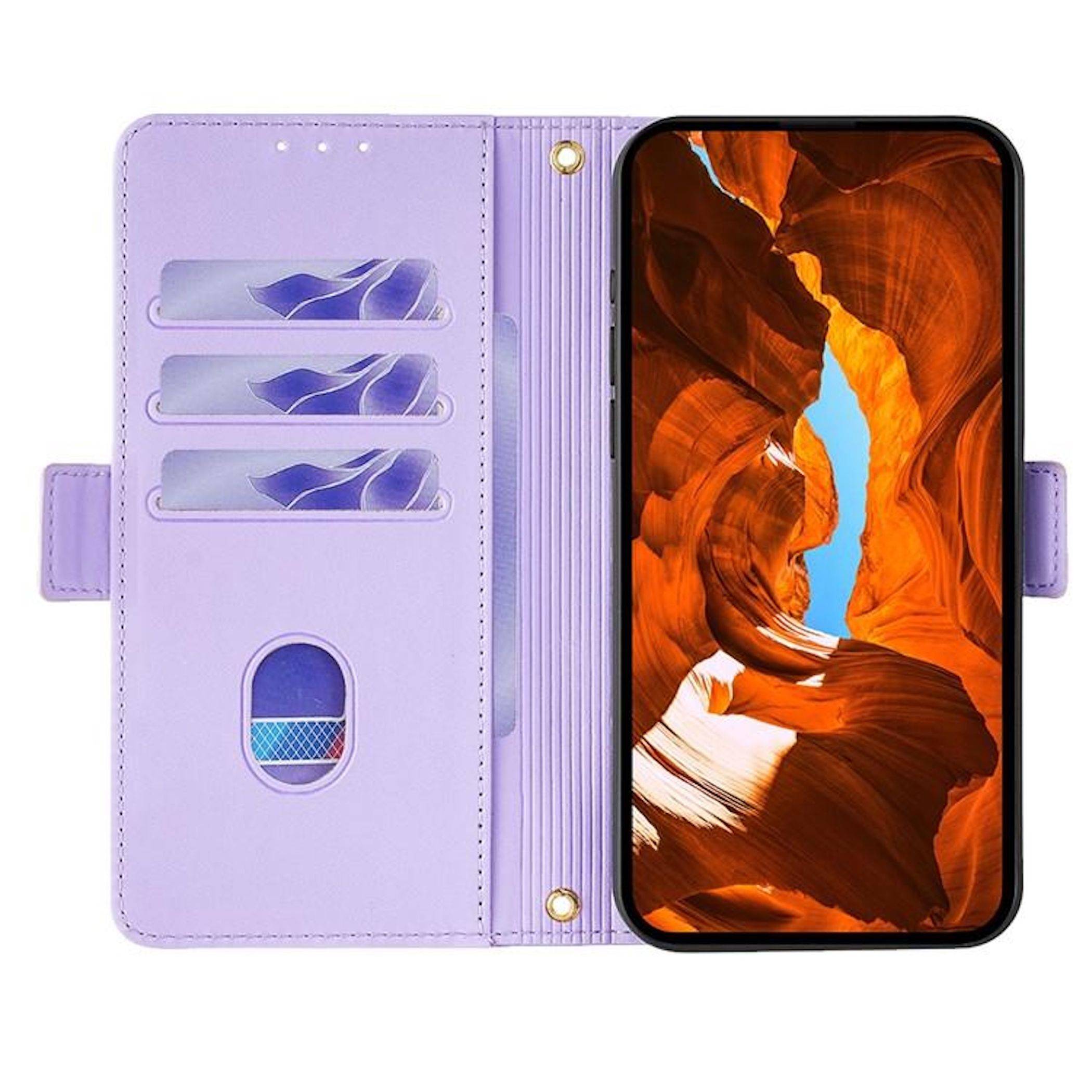 Lavendelfarbene Handygeldbörse mit Kartensteckplätzen und Riemen, geöffnet um ein Smartphone mit Canyonwallpaper herum gezeigt.