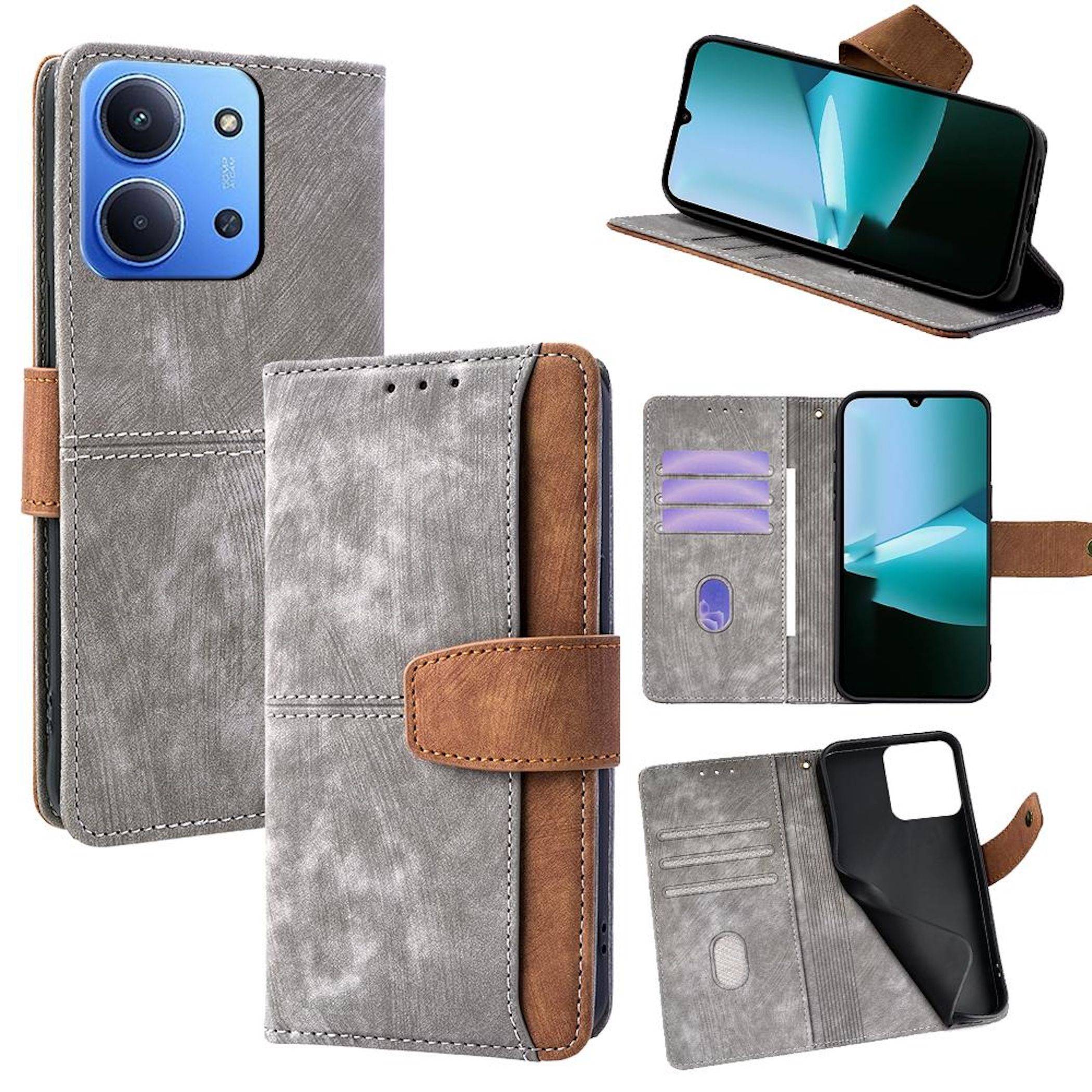 Grauer Leder-Stil Folio-Handyhülle mit braunem Riemen, offen und geschlossen dargestellt, mit Kartensteckplätzen und einer Standfunktion für ein Smartphone.