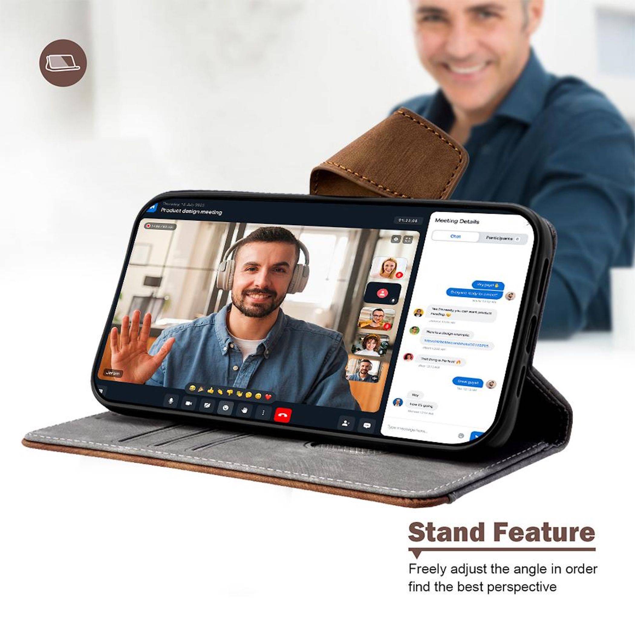 Smartphone in Folioständer zeigt einen Videoanruf und Meeting-Chat mit verstellbarem Ständer für freihändiges Anschauen.