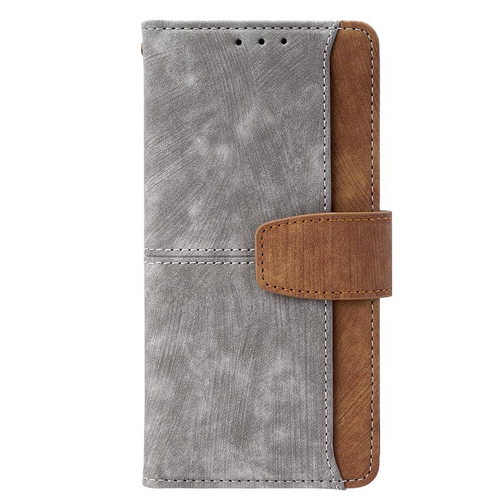 Graues Leder-Telefongeldbörsen-Etui mit braunem Seitenklappenfutter und Nähten, geschlossen auf weißem Hintergrund gezeigt.