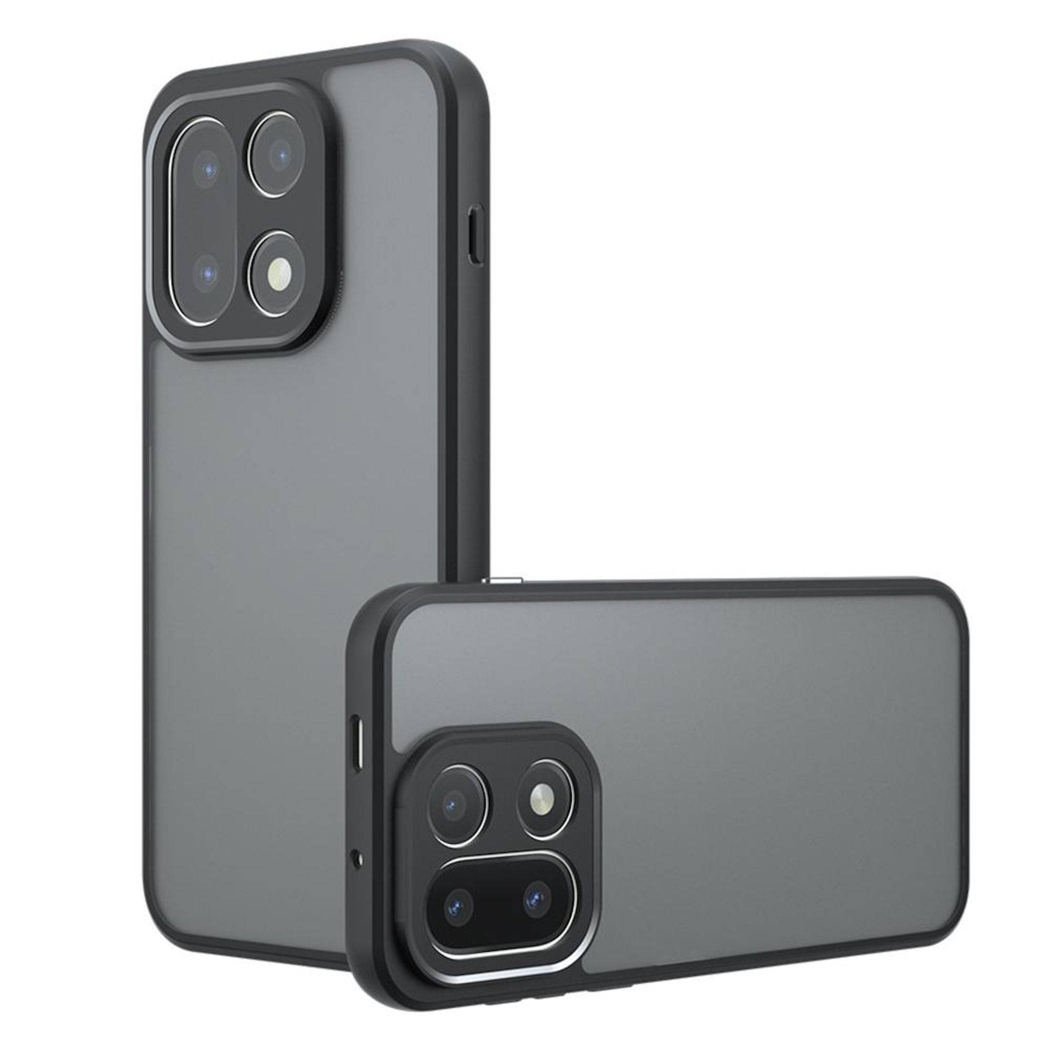 Zwei graue Smartphones in Schutzhüllen, von vorne und von hinten gezeigt, mit Hervorhebung der erhöhten Dreifach-Kamera-Ausschnitt.