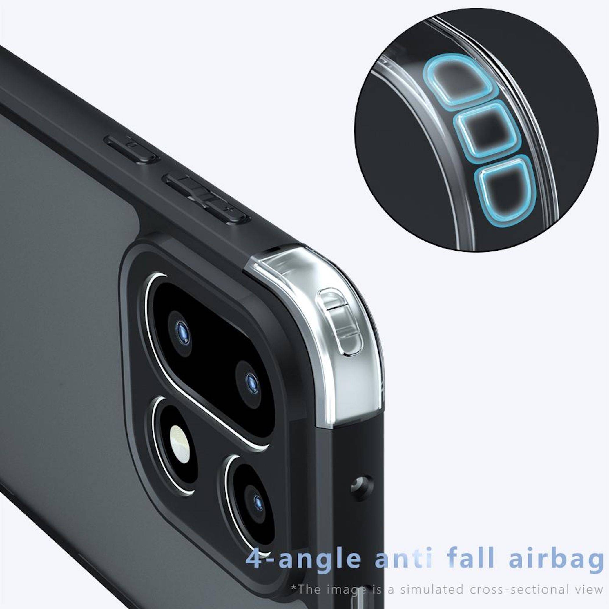 Nahaufnahme einer Smartphone-Ecke mit einem schützenden Airbag-Stoßfänger; Ausschnitt hebt die 4-Winkel-Anti-Sturz-Airbag-Polsterung hervor.
