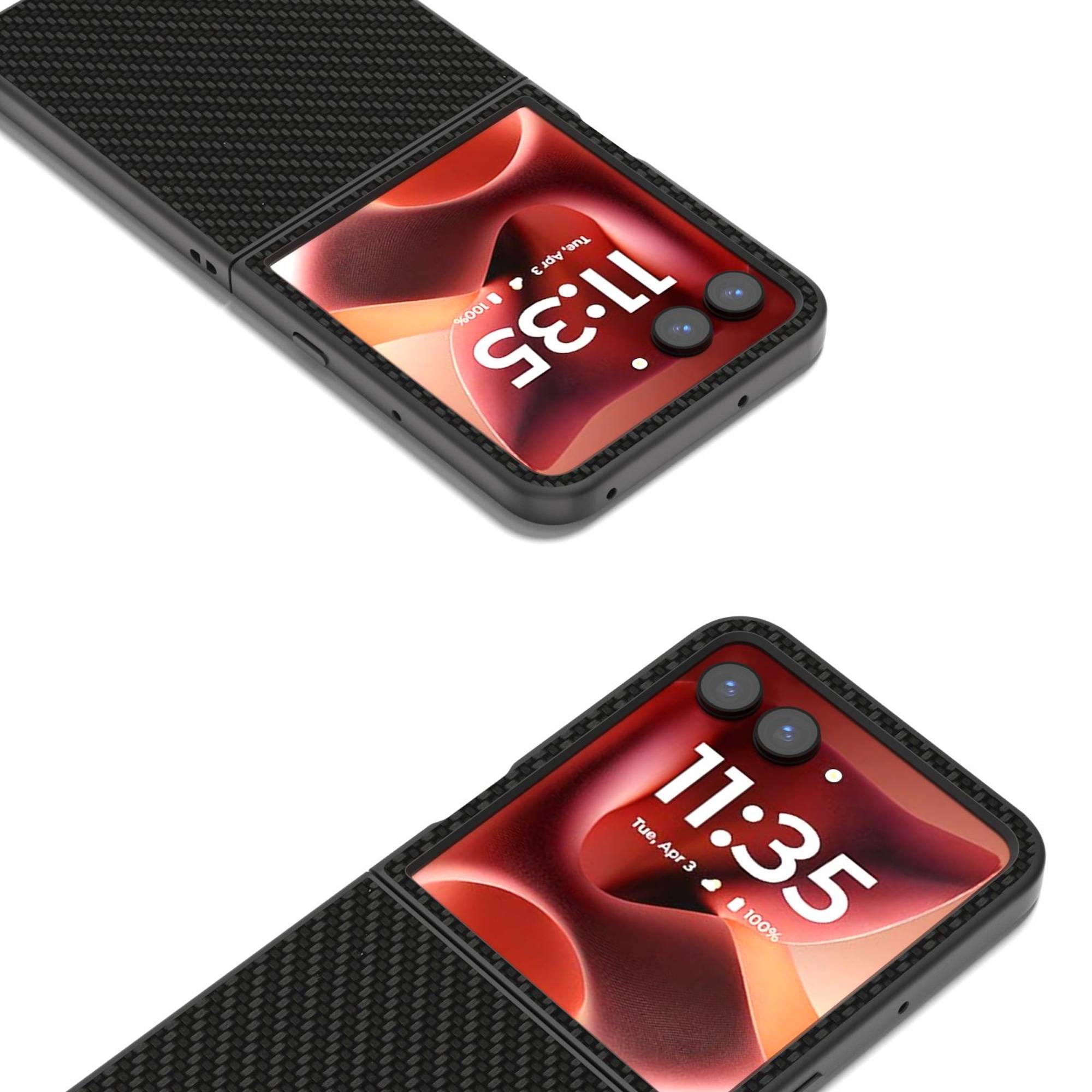 Klappbares Smartphone, offen und geschlossen dargestellt, mit rotem Sperrbildschirm, der auf dem inneren und äußeren Display „11:35