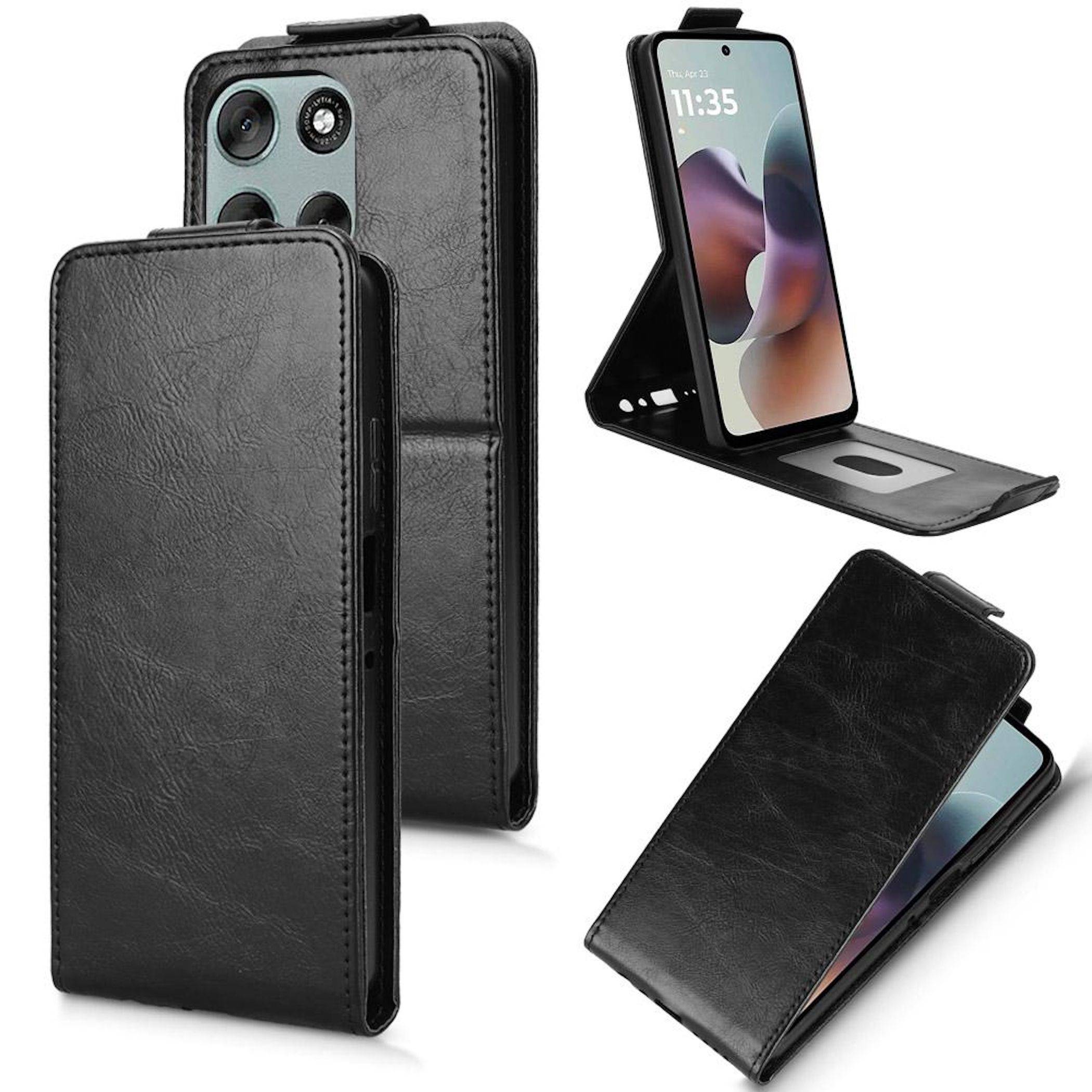 Schwarze Leder-Handyhülle mit Geldbörse, geschlossen und offen als Ständer gezeigt, mit Kartensteckplätzen und Kameraausschnitten für ein Smartphone.