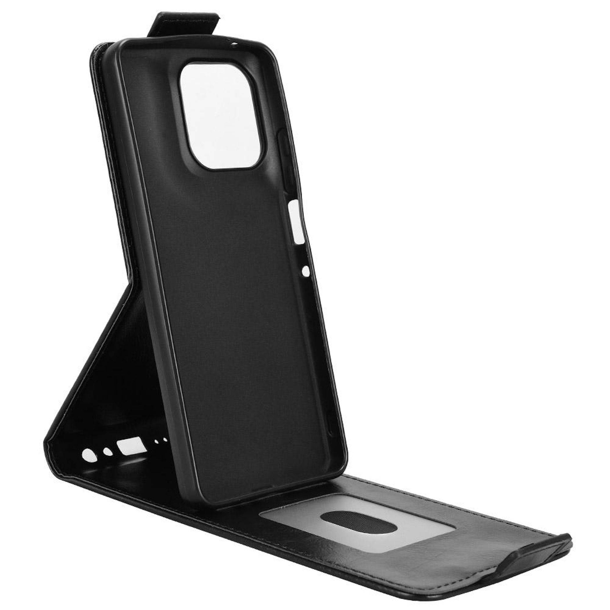 Schwarzes faltbares Handyhülle mit Flip-Cover, geöffnet dargestellt, um Kamera- und Anschlussausschnitte zu zeigen.