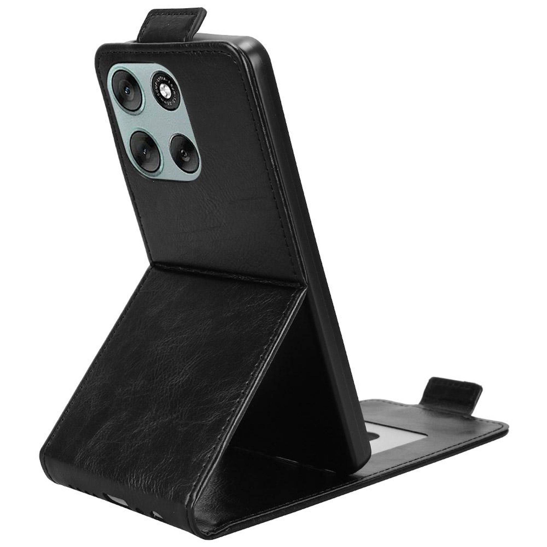 Schwarze Ledertelefonhülle mit ausklappbarem Ständer, offen gezeigt, um ein Smartphone aufrecht aufzustellen.