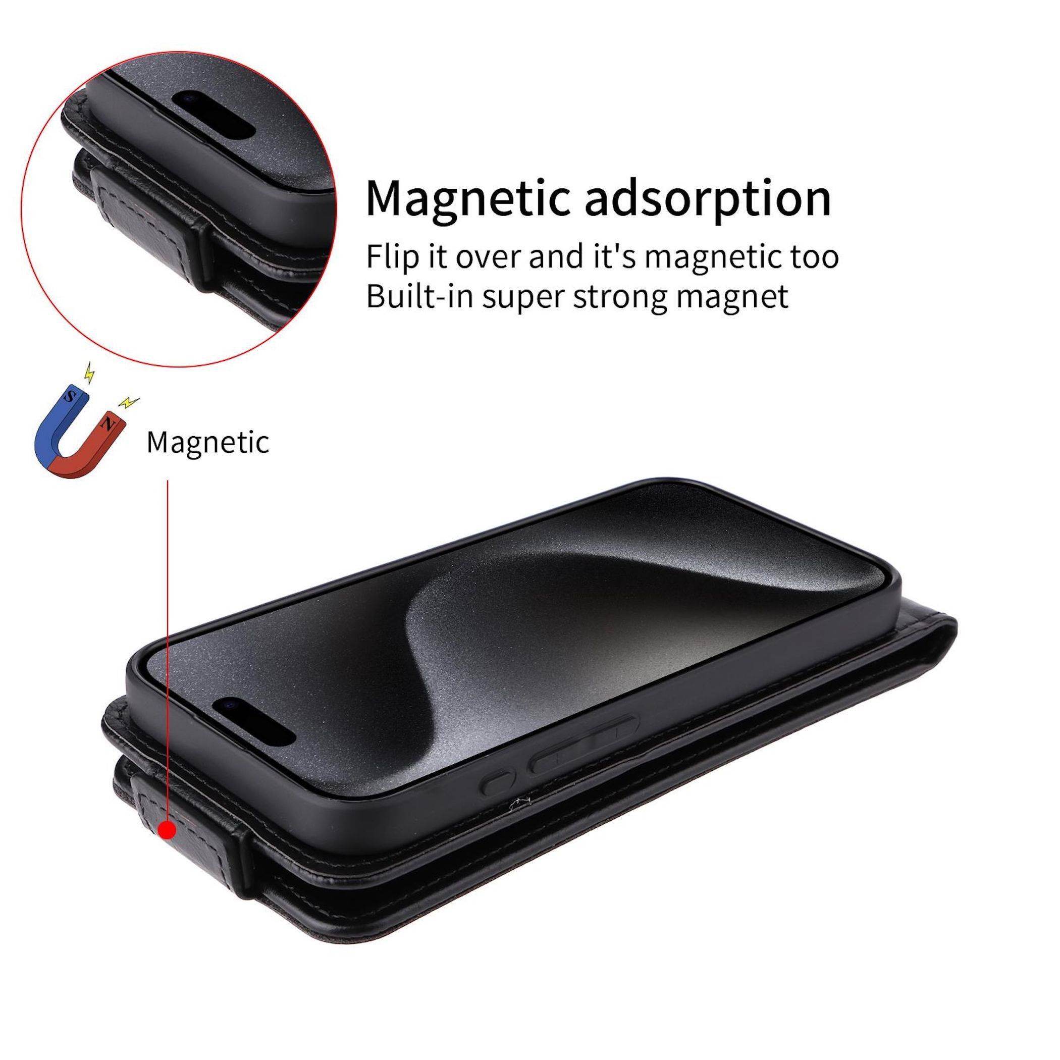 Schwarze Handyhülle mit Klappdeckel und eingebauten Magnetverschluss, gekennzeichnet mit „Magnetische Adsorption