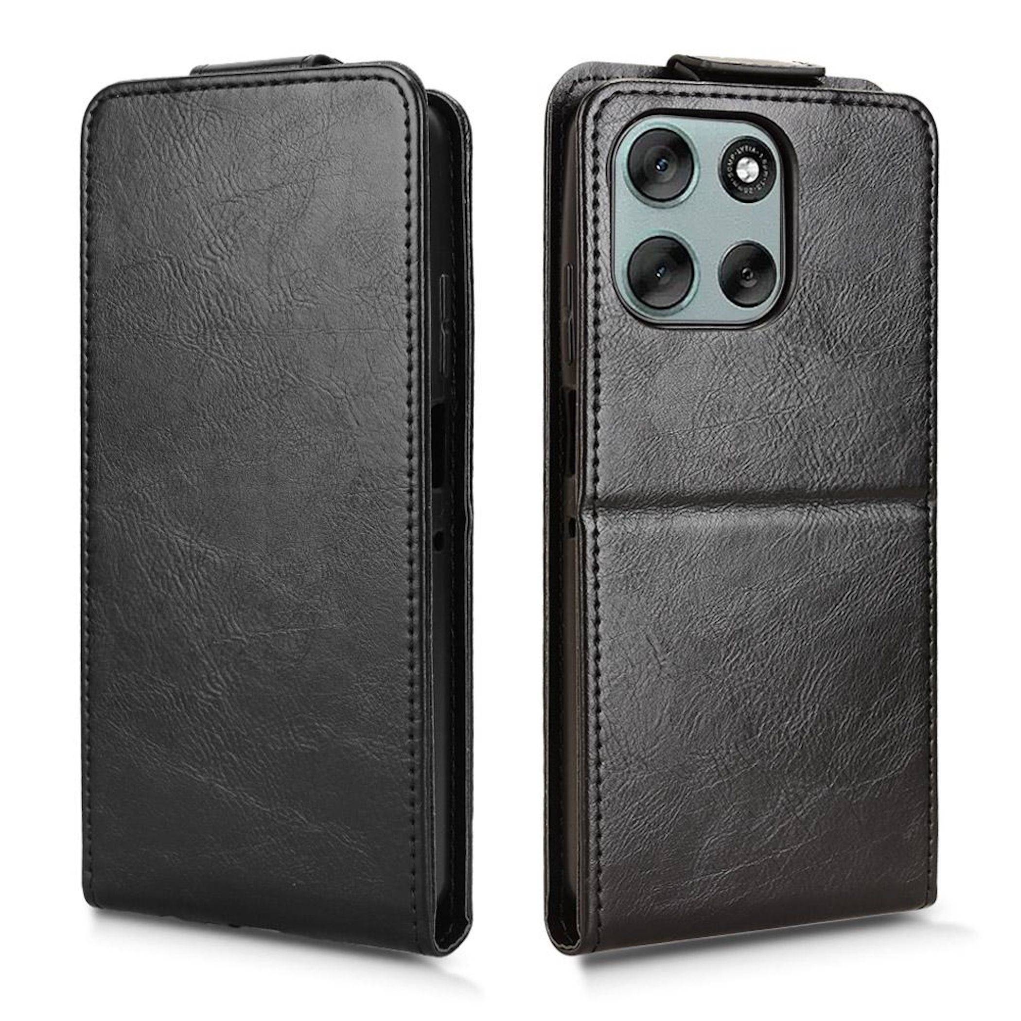 Schwarze Leder-Telefonfolio-Hülle von vorne und hinten gezeigt, mit Kameraausschnitt auf der Rückseite und magnetischem Verschluss der Abdeckung.